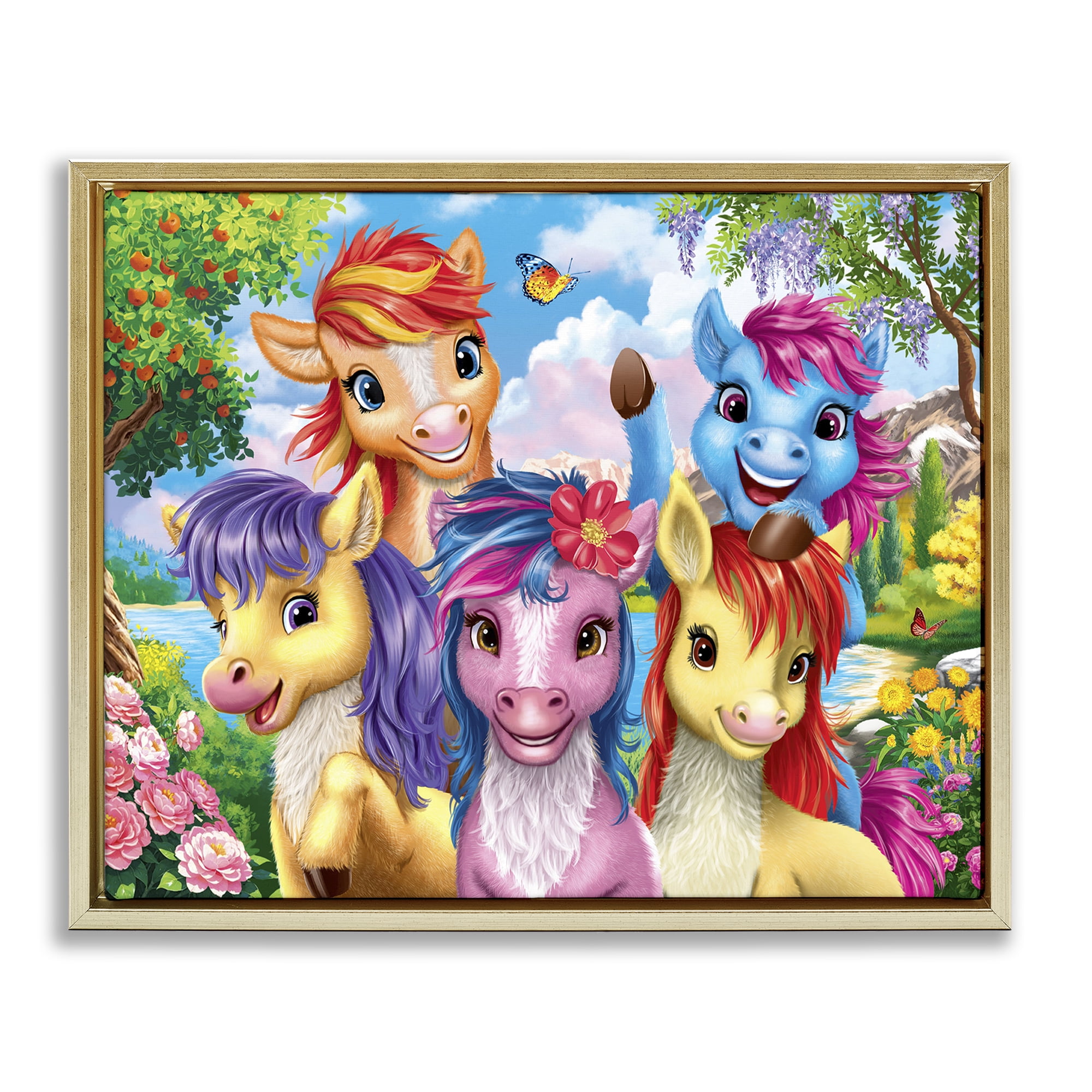 Stupell Industries Bright Ponies Selfie Fantasy & Sci-Fi Painting Gold Floater Framed Canvas Art Print Wall Art, 31 x 25