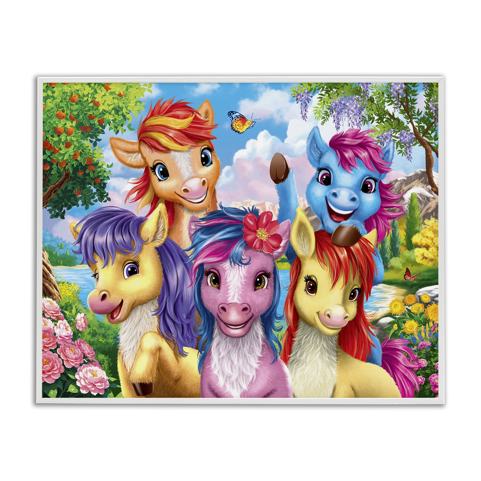 Stupell Industries Bright Ponies Selfie Fantasy & Sci-Fi Painting White Framed Art Print Wall Art, 20 x 16