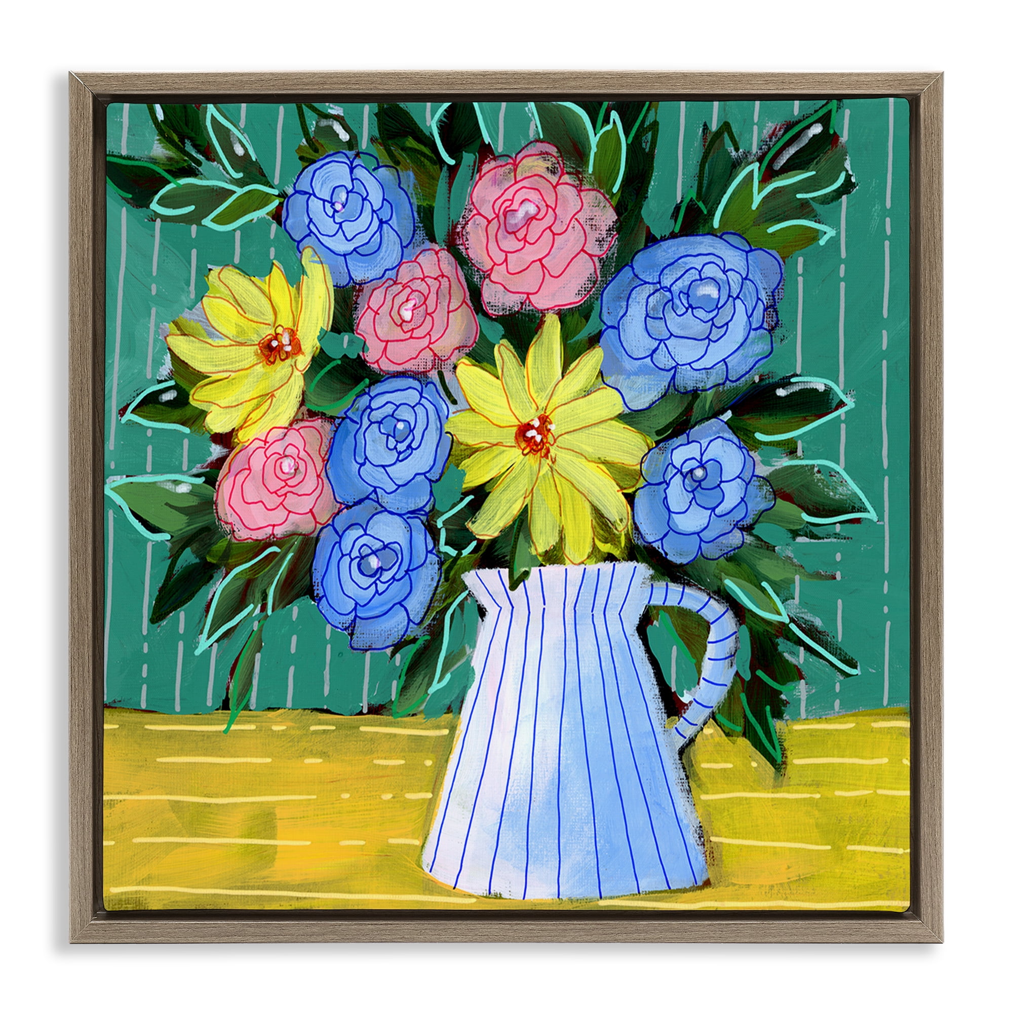 Stupell Industries Bright Pop Bouquet Plants & Flowers Painting Brown Floater Framed Canvas Art Print Wall Art, 25 x 25