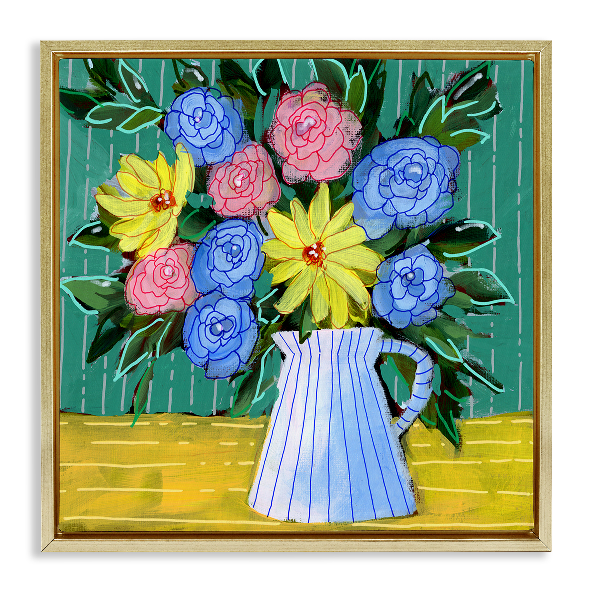 Stupell Industries Bright Pop Bouquet Plants & Flowers Painting Gold Floater Framed Canvas Art Print Wall Art, 18 x 18