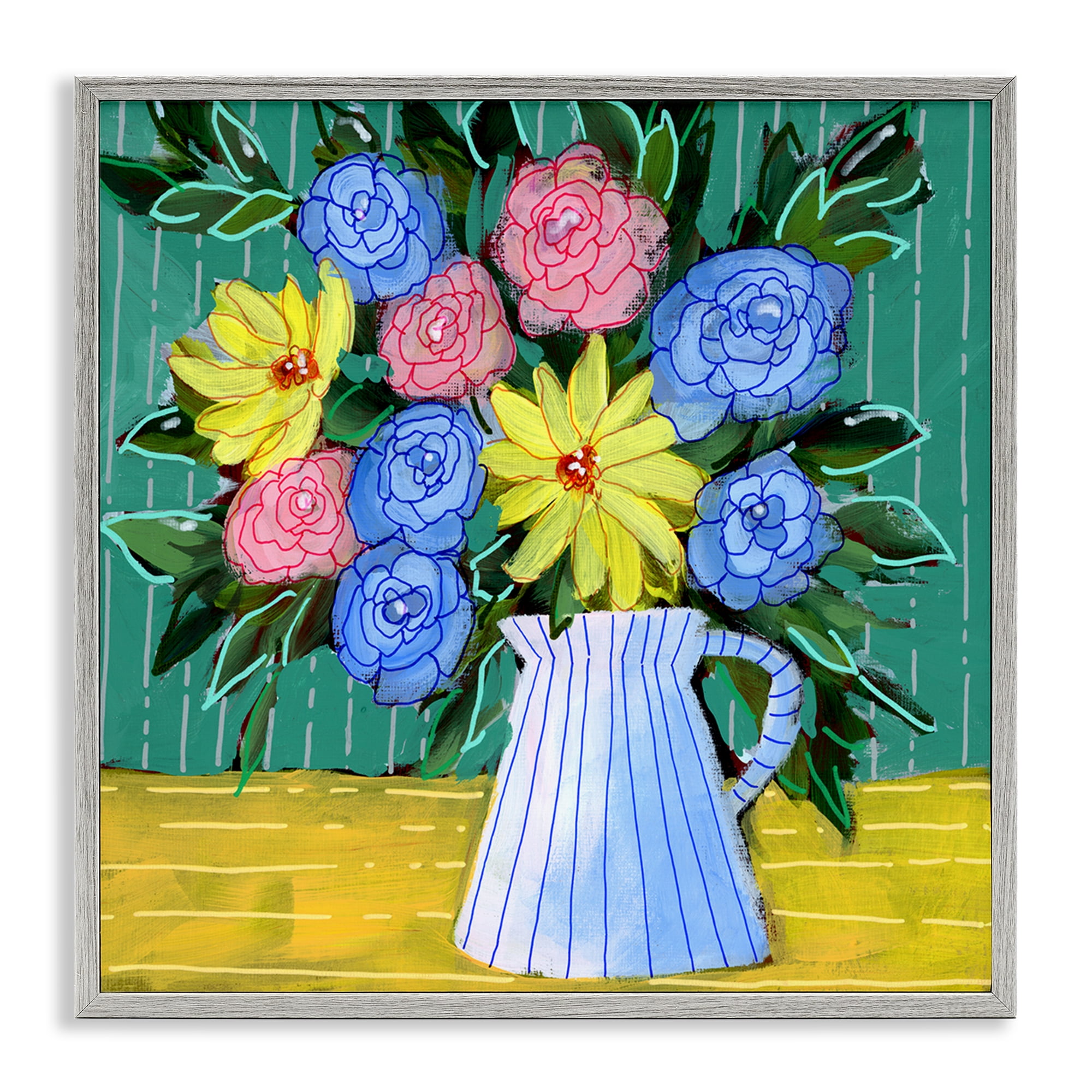 Stupell Industries Bright Pop Bouquet Plants & Flowers Painting Gray Framed Art Print Wall Art, 12 x 12