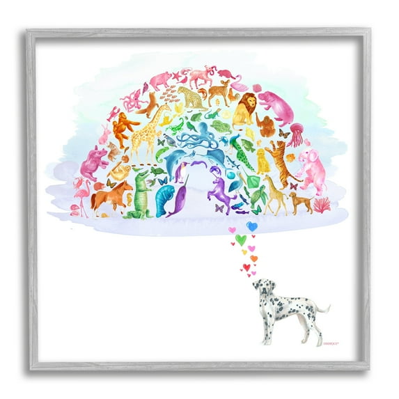 Stupell Industries Bright Rainbow Animals Dalmatian Dream Arch Shape Graphic Art Gray Framed Art Print Wall Art, Design by Dishique