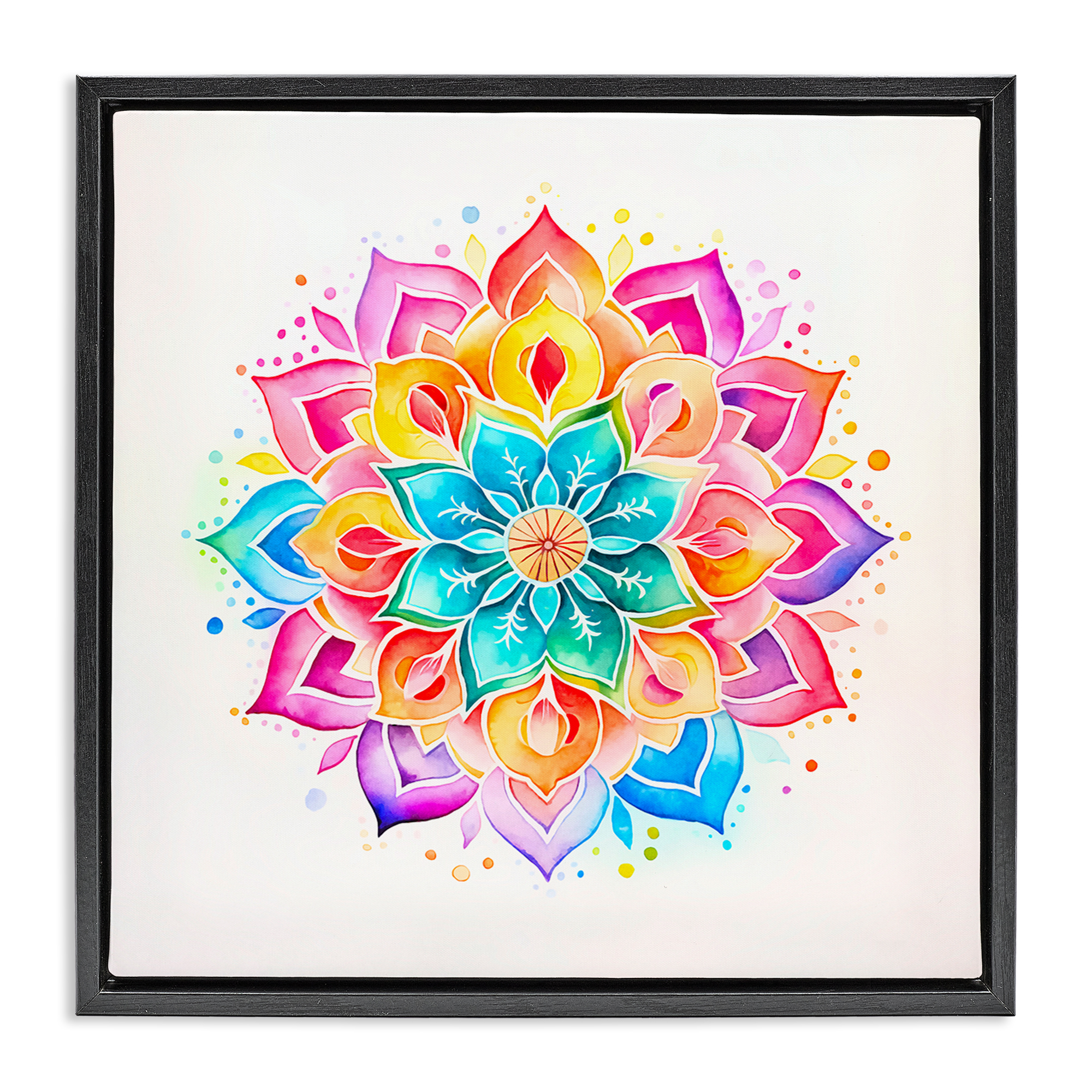 Stupell Industries Bright Rainbow Mandala Abstract Painting Black Floater Framed Canvas Art Print Wall Art, 25 x 25