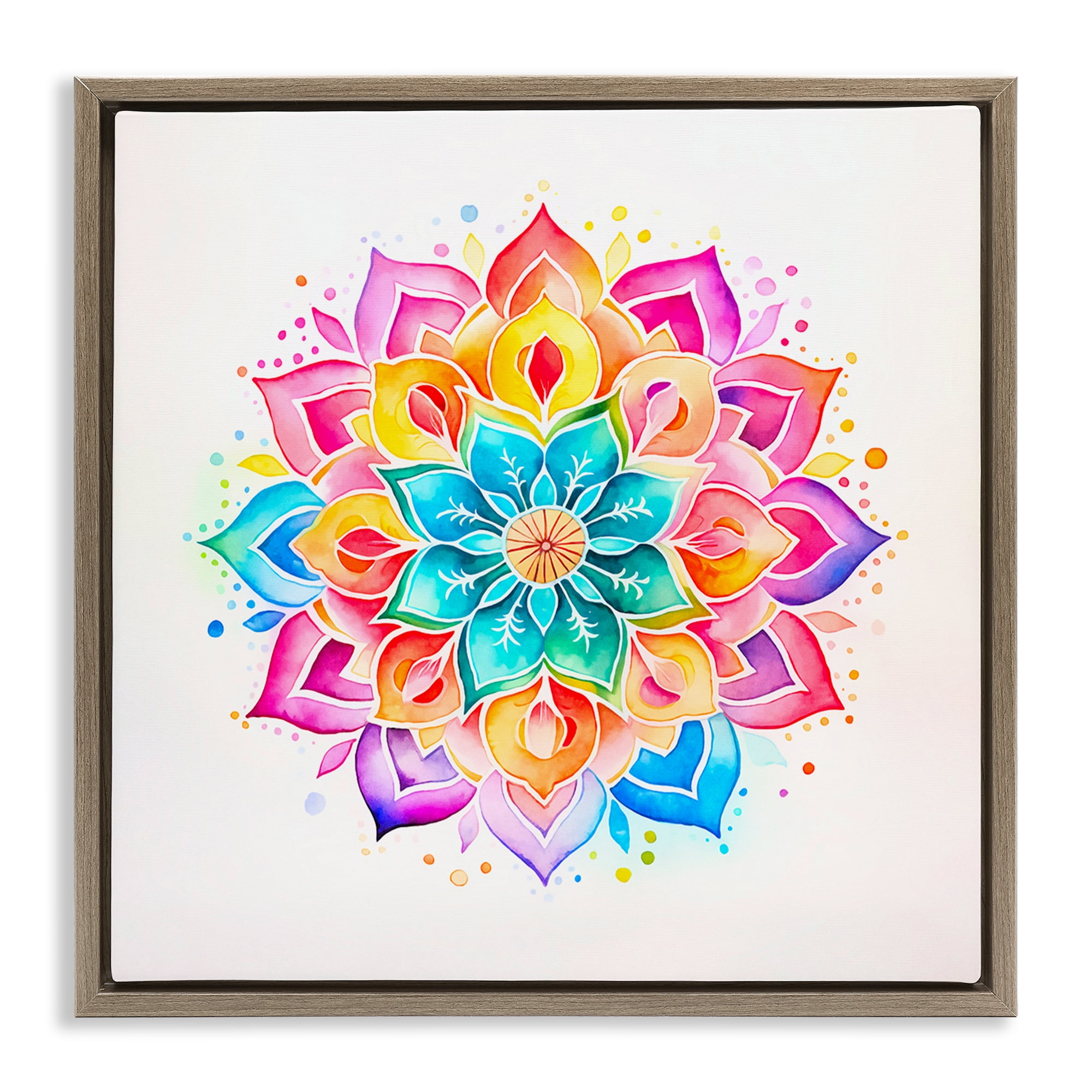Stupell Industries Bright Rainbow Mandala Abstract Painting Brown Floater Framed Canvas Art Print Wall Art, 25 x 25