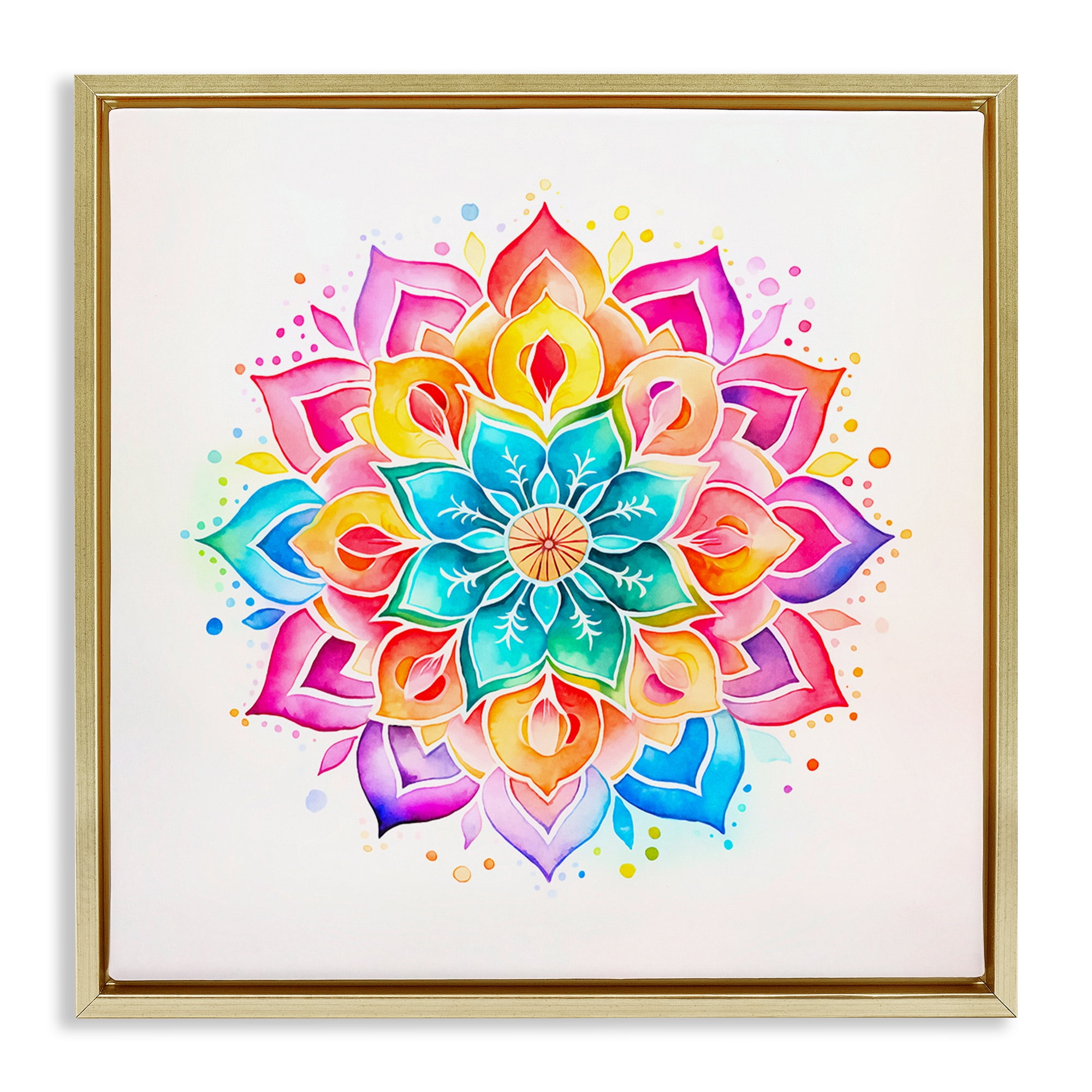 Stupell Industries Bright Rainbow Mandala Abstract Painting Gold Floater Framed Canvas Art Print Wall Art, 18 x 18