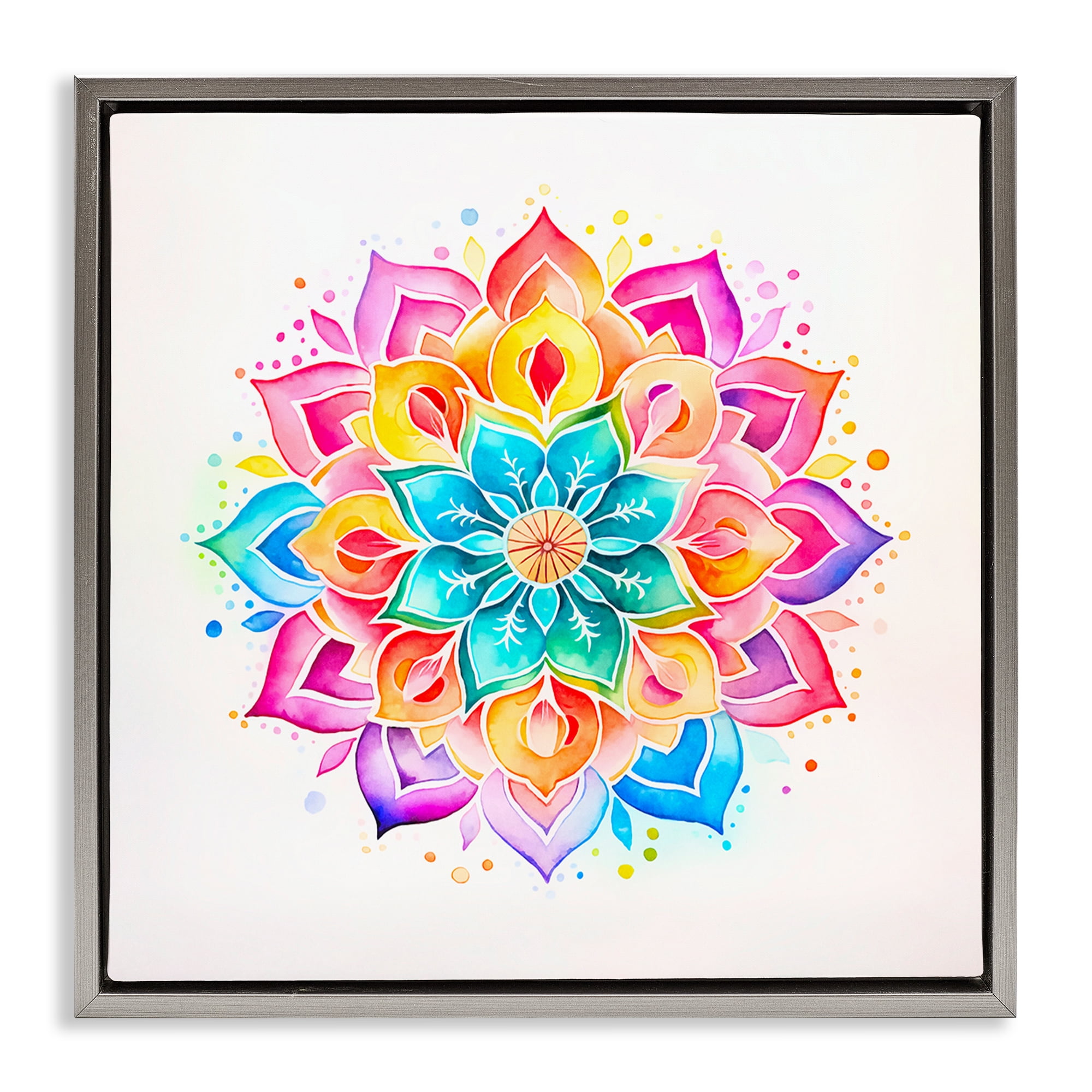 Stupell Industries Bright Rainbow Mandala Abstract Painting Gray Floater Framed Canvas Art Print Wall Art, 18 x 18