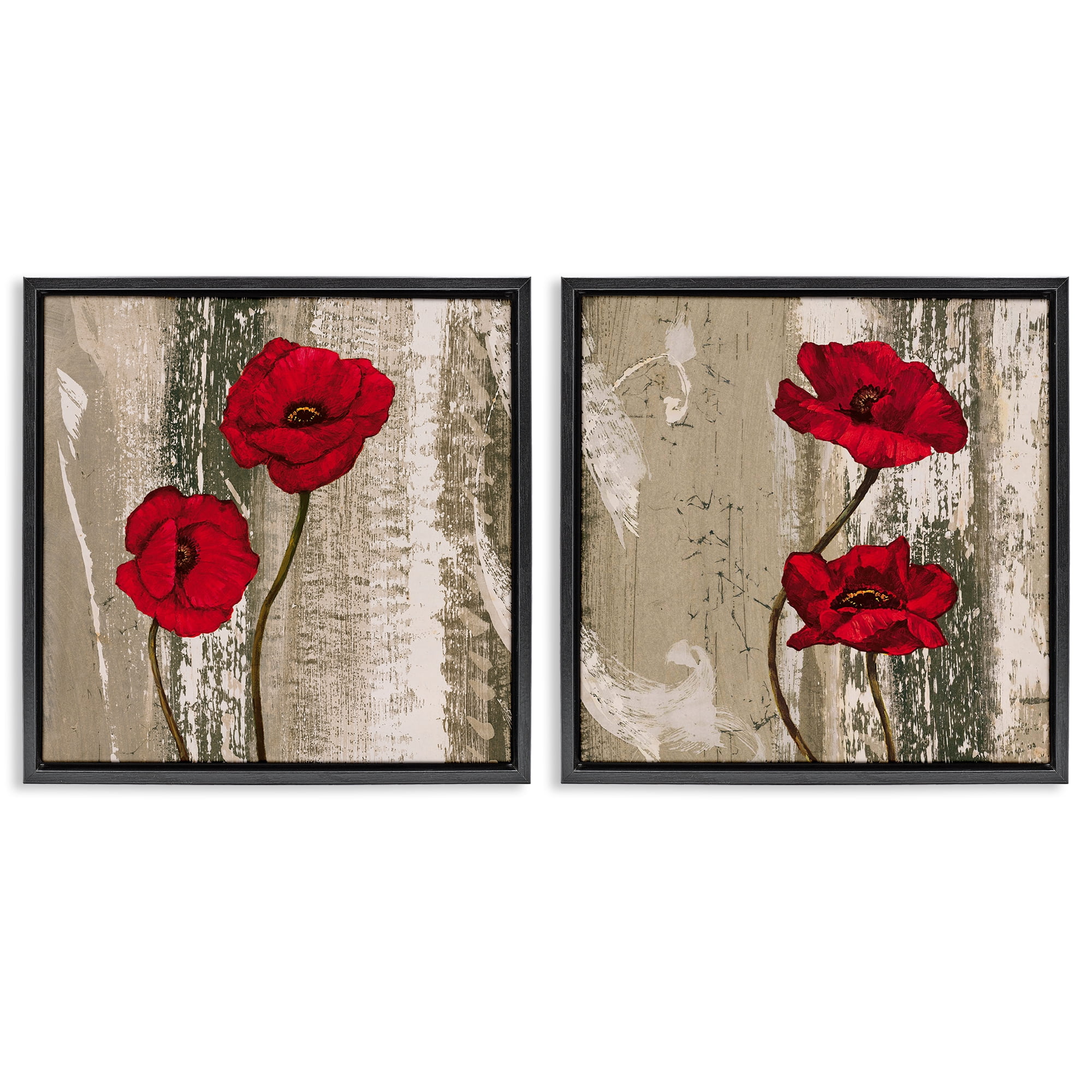 Stupell Industries Bright Red Blooms on Rustic Landscape & Nature Painting Black Floater Framed Canvas Art Print Wall Art, 18 x 18, Set of 2