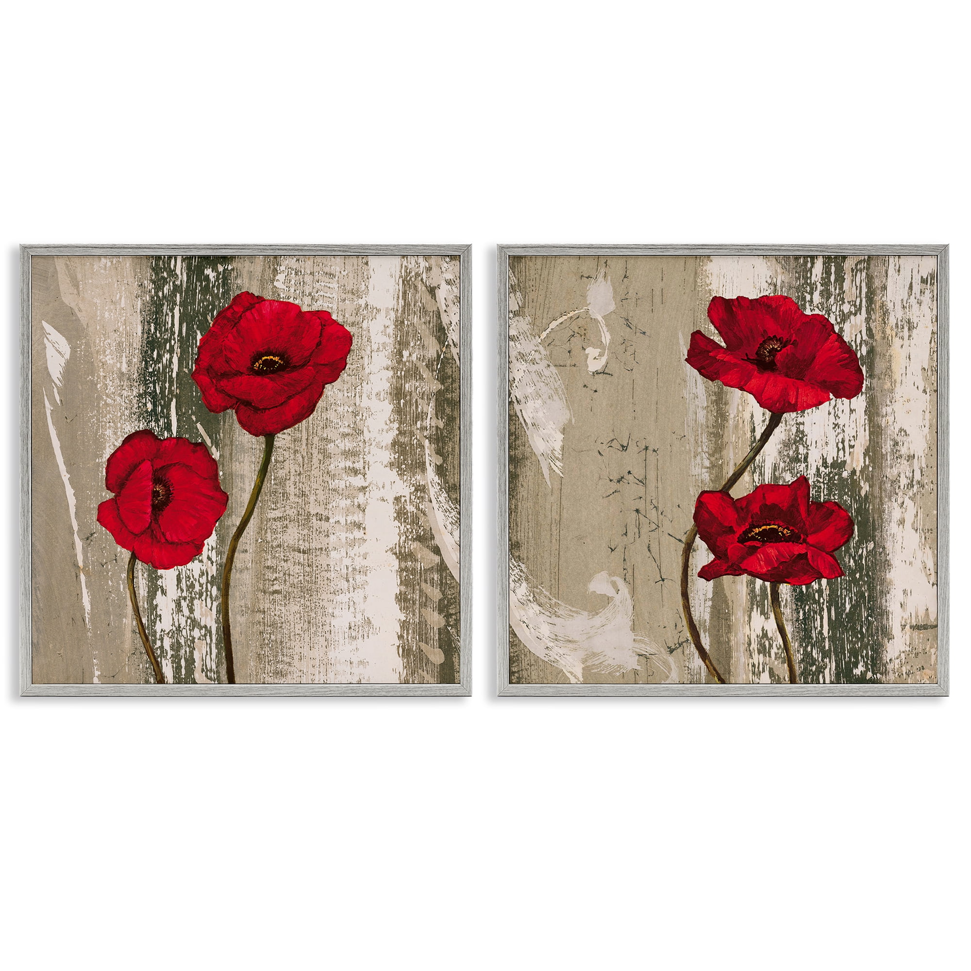 Stupell Industries Bright Red Blooms on Rustic Landscape & Nature Painting Gray Framed Art Print Wall Art, 17 x 17, Set of 2