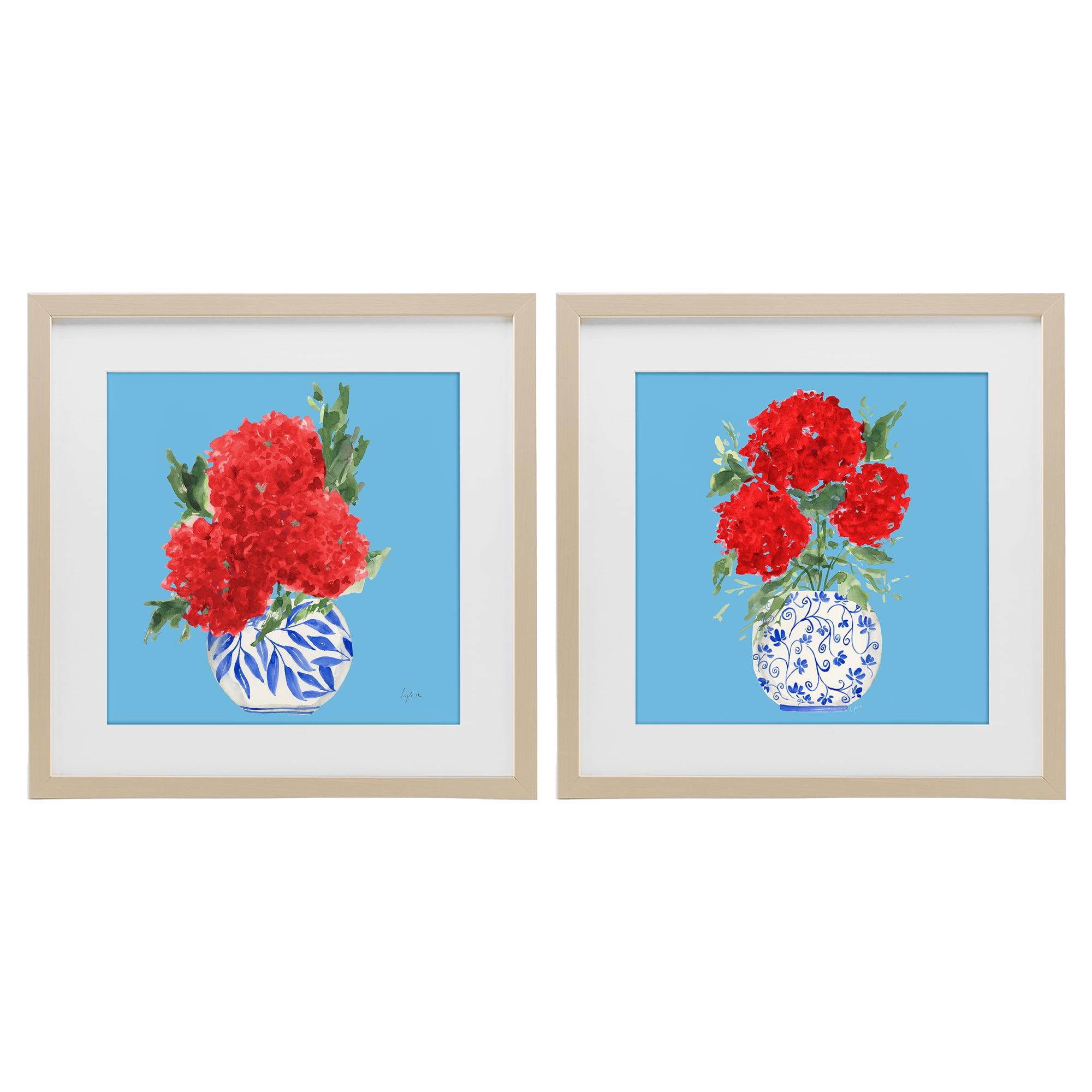 Stupell Industries Bright Red & Blue Hydrangeas 2 Piece Birch Framed Print Under Glass Set, design by Lucille Price