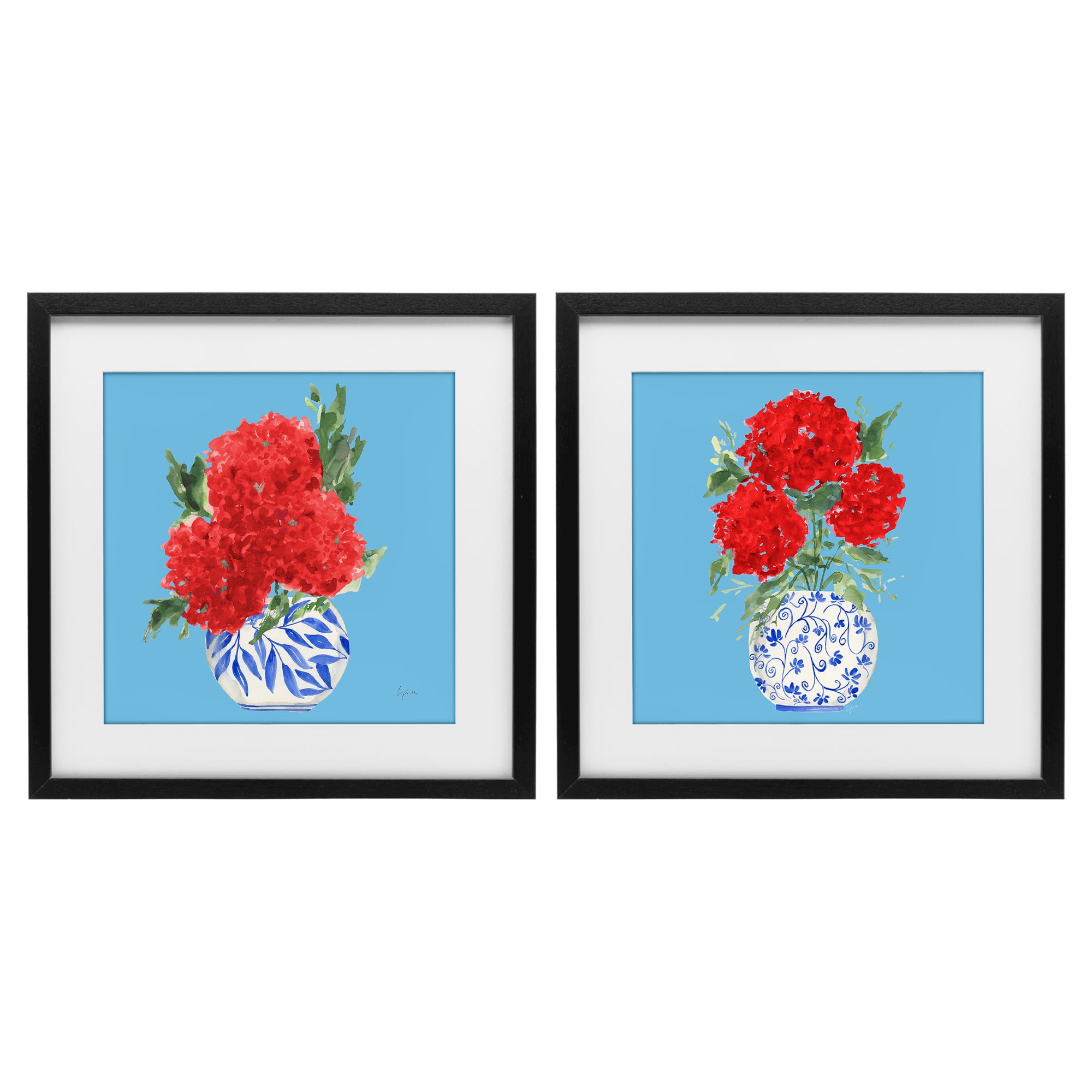 Stupell Industries Bright Red & Blue Hydrangeas 2 Piece Black Framed Print Under Glass Set, design by Lucille Price