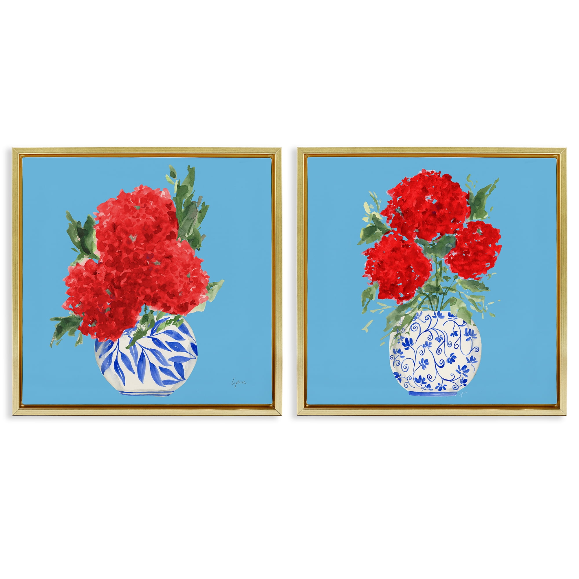 Stupell Industries Bright Red & Blue Hydrangeas 2 Piece Gold Framed Floater Canvas Set, design by Lucille Price