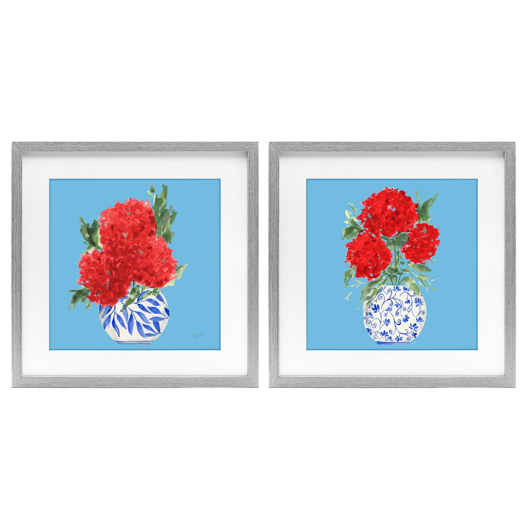 Stupell Industries Bright Red & Blue Hydrangeas 2 Piece Gray Framed Print Under Glass Set, design by Lucille Price
