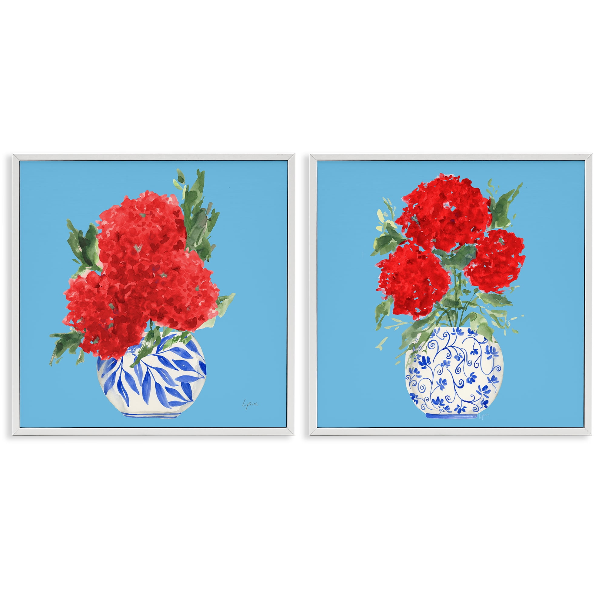 Stupell Industries Bright Red & Blue Hydrangeas 2 Piece White Framed Giclee Art Set, design by Lucille Price