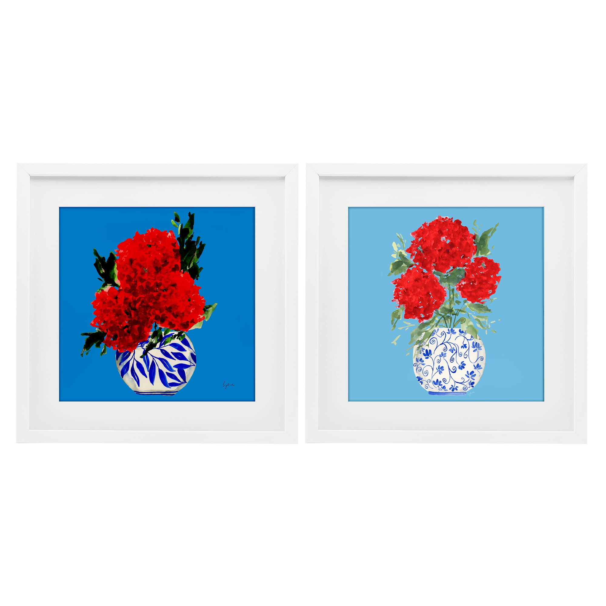 Stupell Industries Bright Red & Blue Hydrangeas 2 Piece White Framed Print Under Glass Set, design by Lucille Price