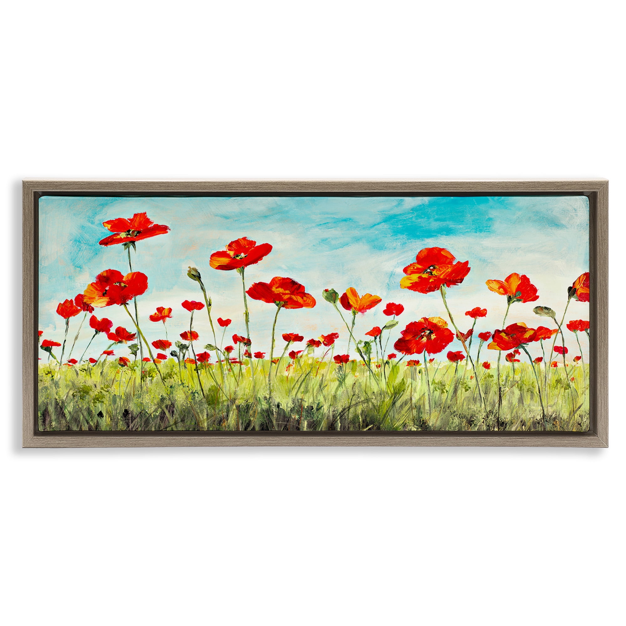 Stupell Industries Bright Red Poppies Meadow Botanical & Floral Painting Brown Floater Framed Canvas Art Print Wall Art, 25 x 11