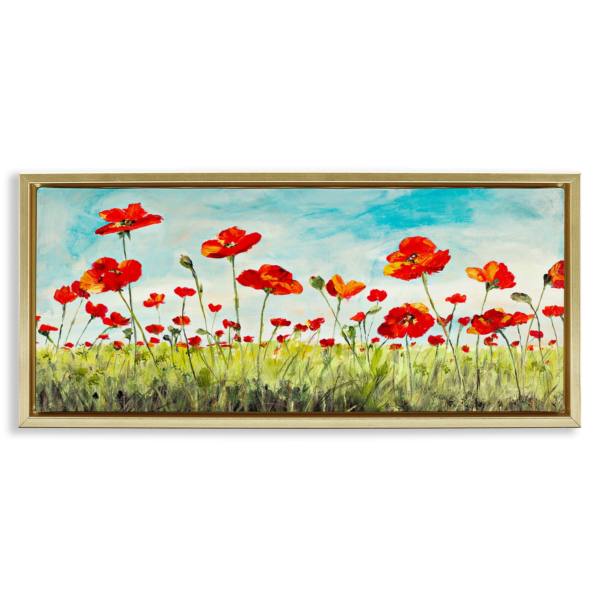 Stupell Industries Bright Red Poppies Meadow Botanical & Floral Painting Gold Floater Framed Canvas Art Print Wall Art, 25 x 11