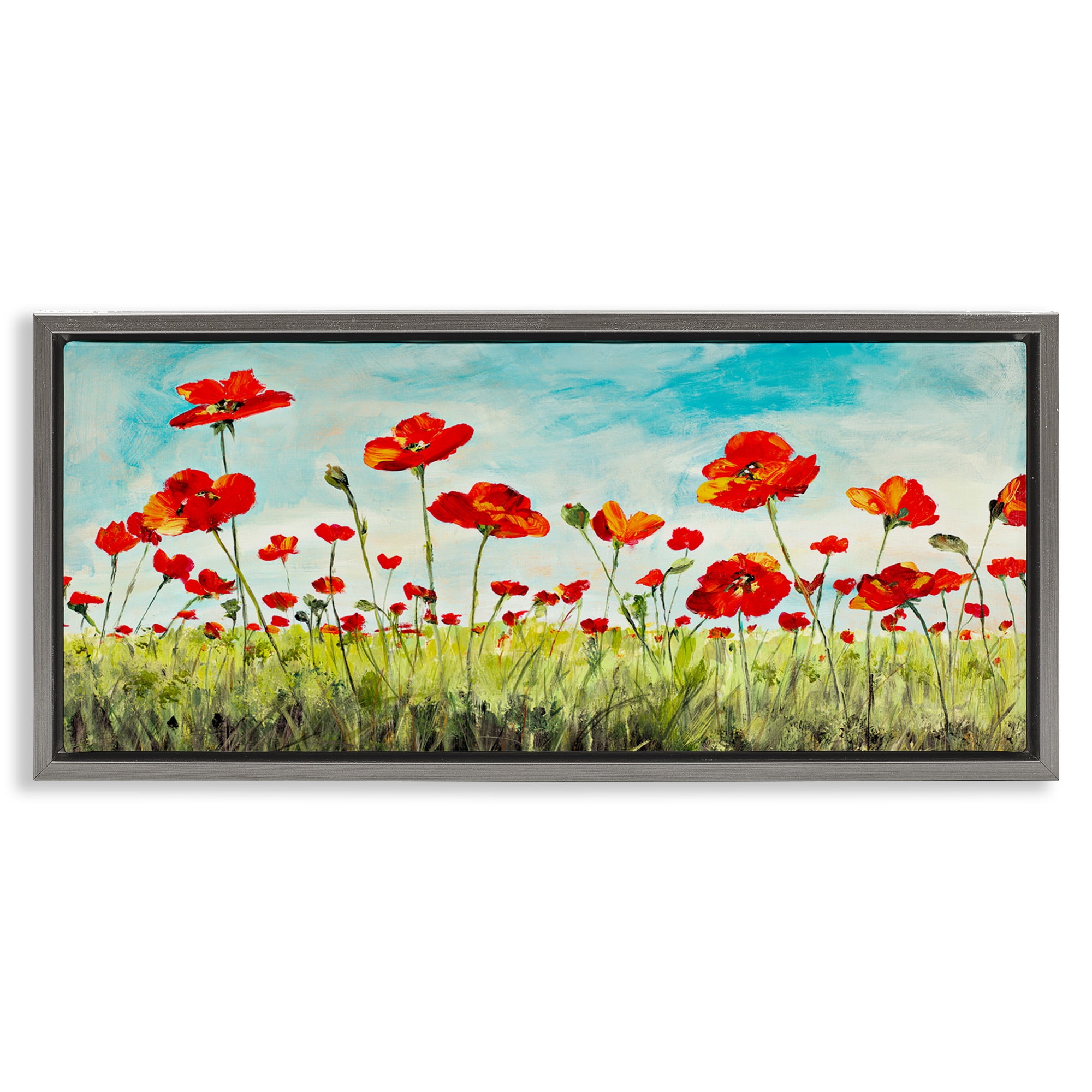 Stupell Industries Bright Red Poppies Meadow Botanical & Floral Painting Gray Floater Framed Canvas Art Print Wall Art, 31 x 14