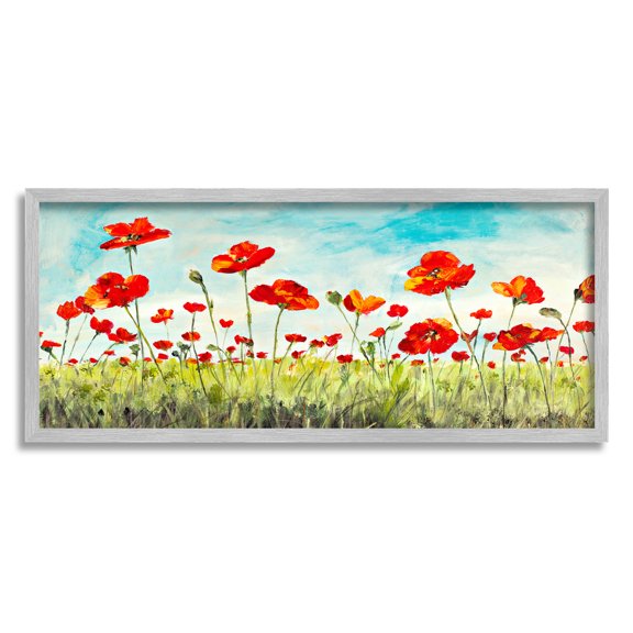 Stupell Industries Bright Red Poppies Meadow Painting Gray Framed Art Print Wall Art, Design by Julie DeRice