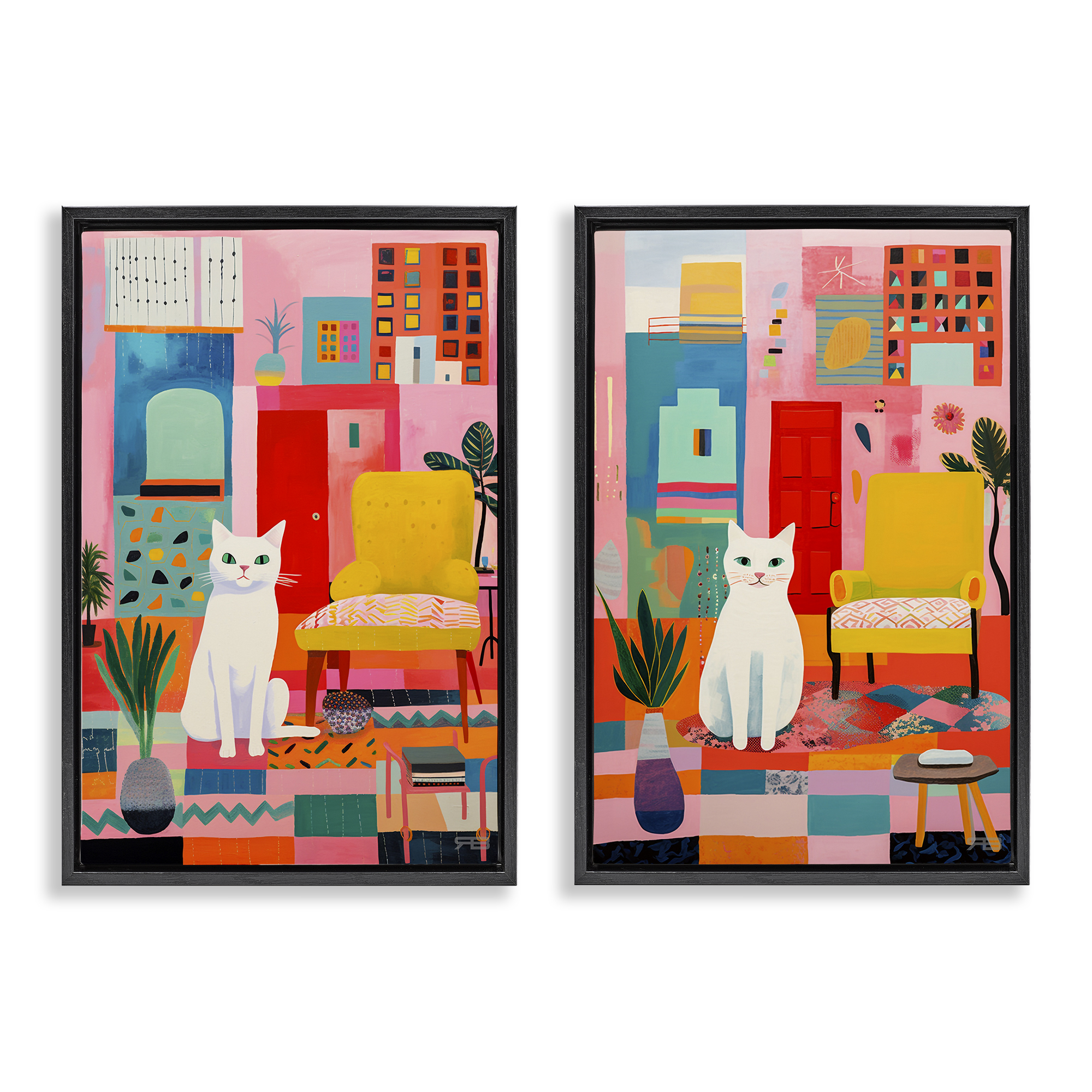 Stupell Industries Bright Room Sitting Cat Furniture Painting Black Floater Framed Canvas Art Print Wall Art, 21 x 31, Set of 2