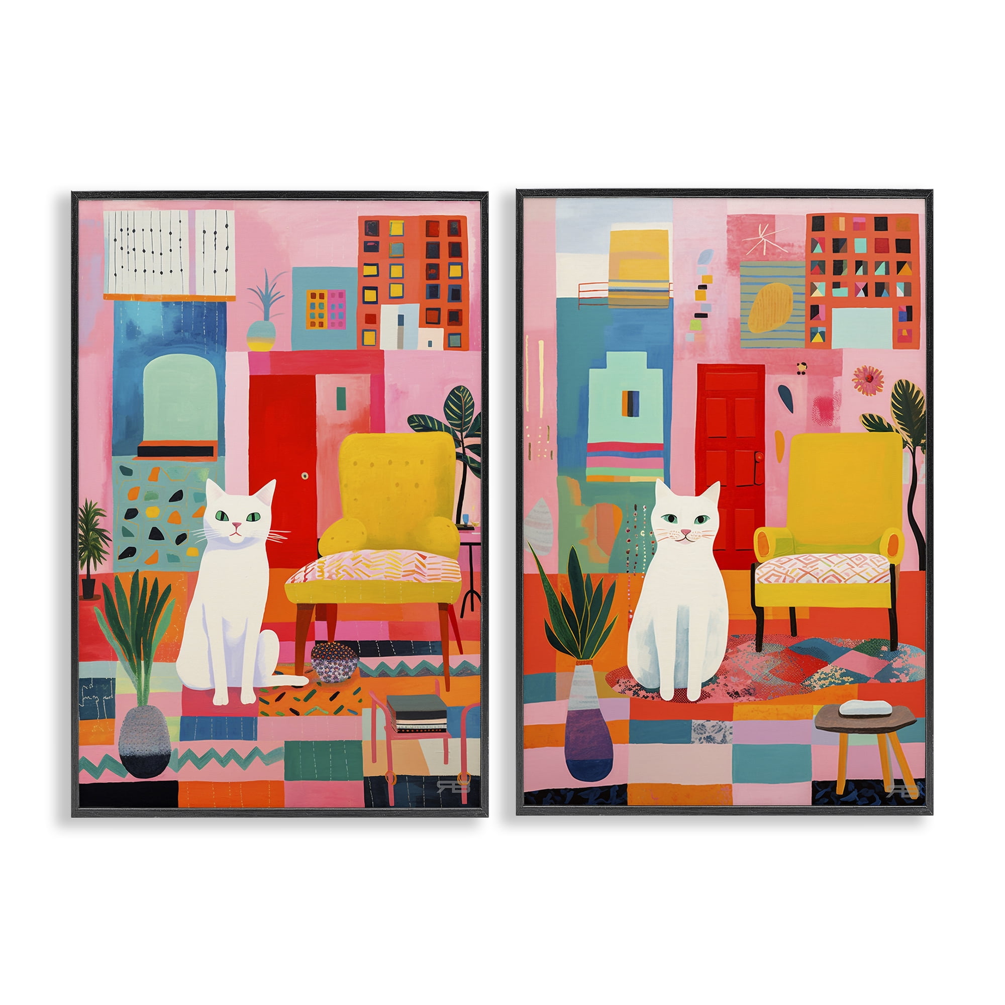 Stupell Industries Bright Room Sitting Cat Furniture Painting Black Framed Art Print Wall Art, 16 x 24, Set of 2