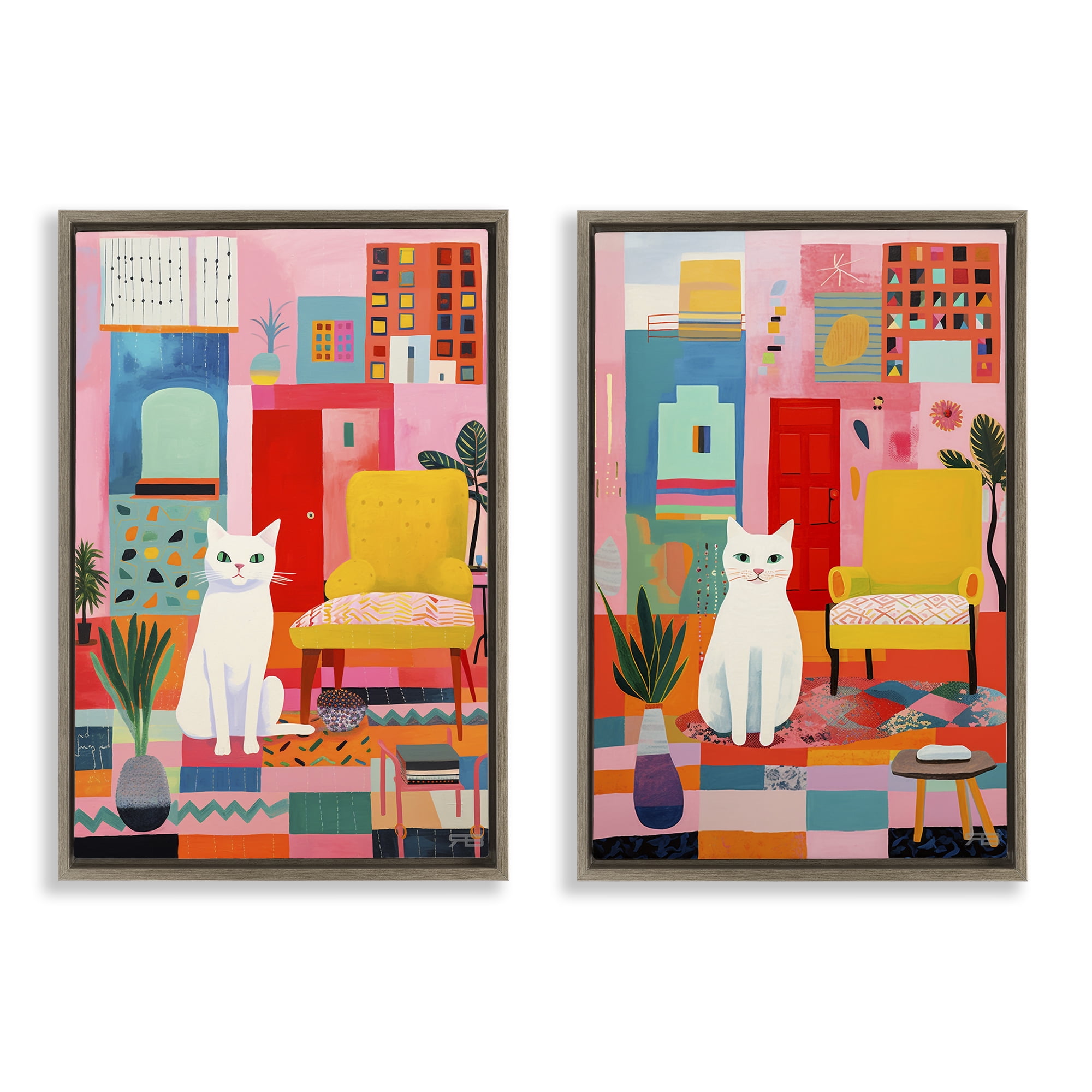 Stupell Industries Bright Room Sitting Cat Furniture Painting Brown Floater Framed Canvas Art Print Wall Art, 17 x 25, Set of 2