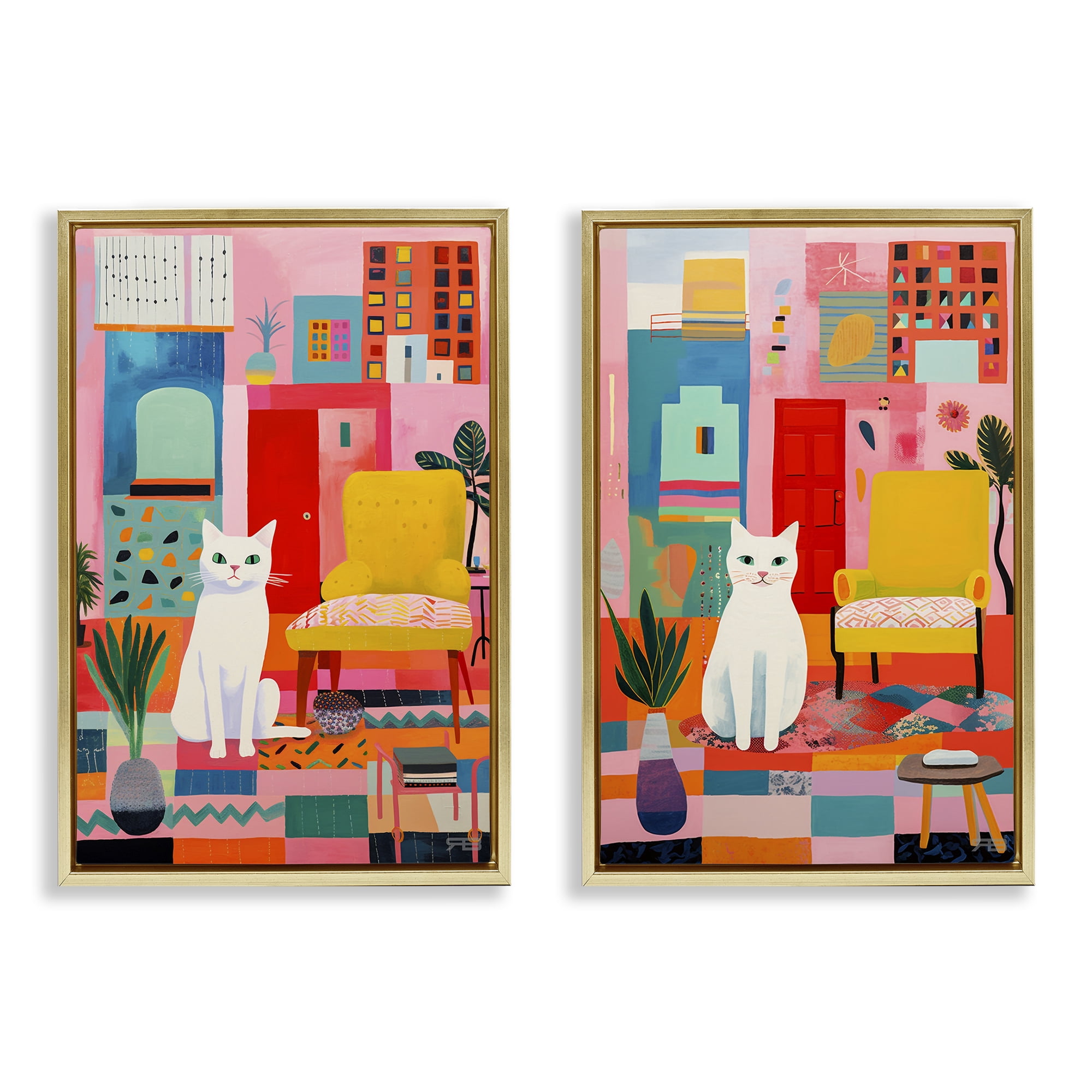 Stupell Industries Bright Room Sitting Cat Furniture Painting Gold Floater Framed Canvas Art Print Wall Art, 21 x 31, Set of 2
