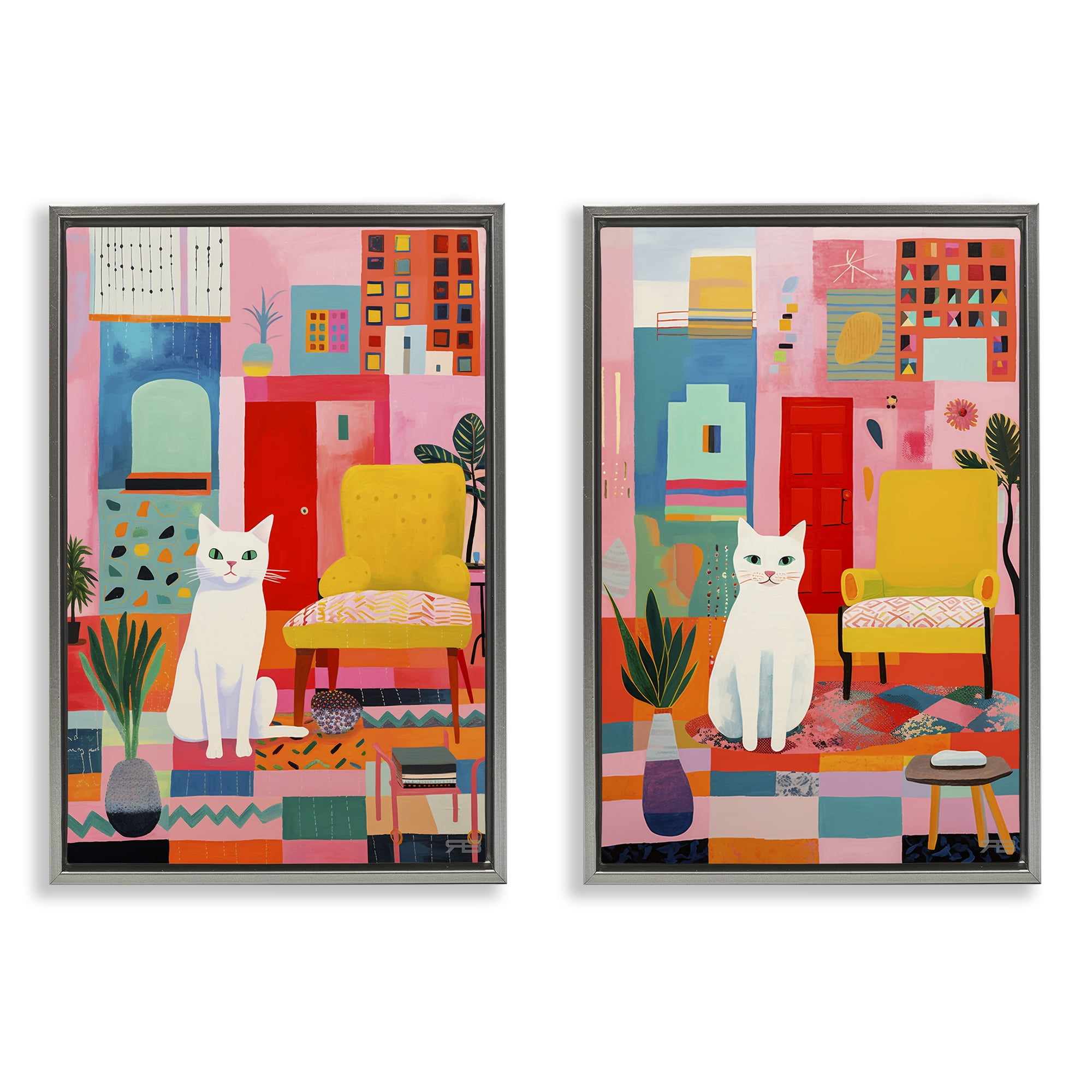 Stupell Industries Bright Room Sitting Cat Furniture Painting Gray Floater Framed Canvas Art Print Wall Art, 21 x 31, Set of 2