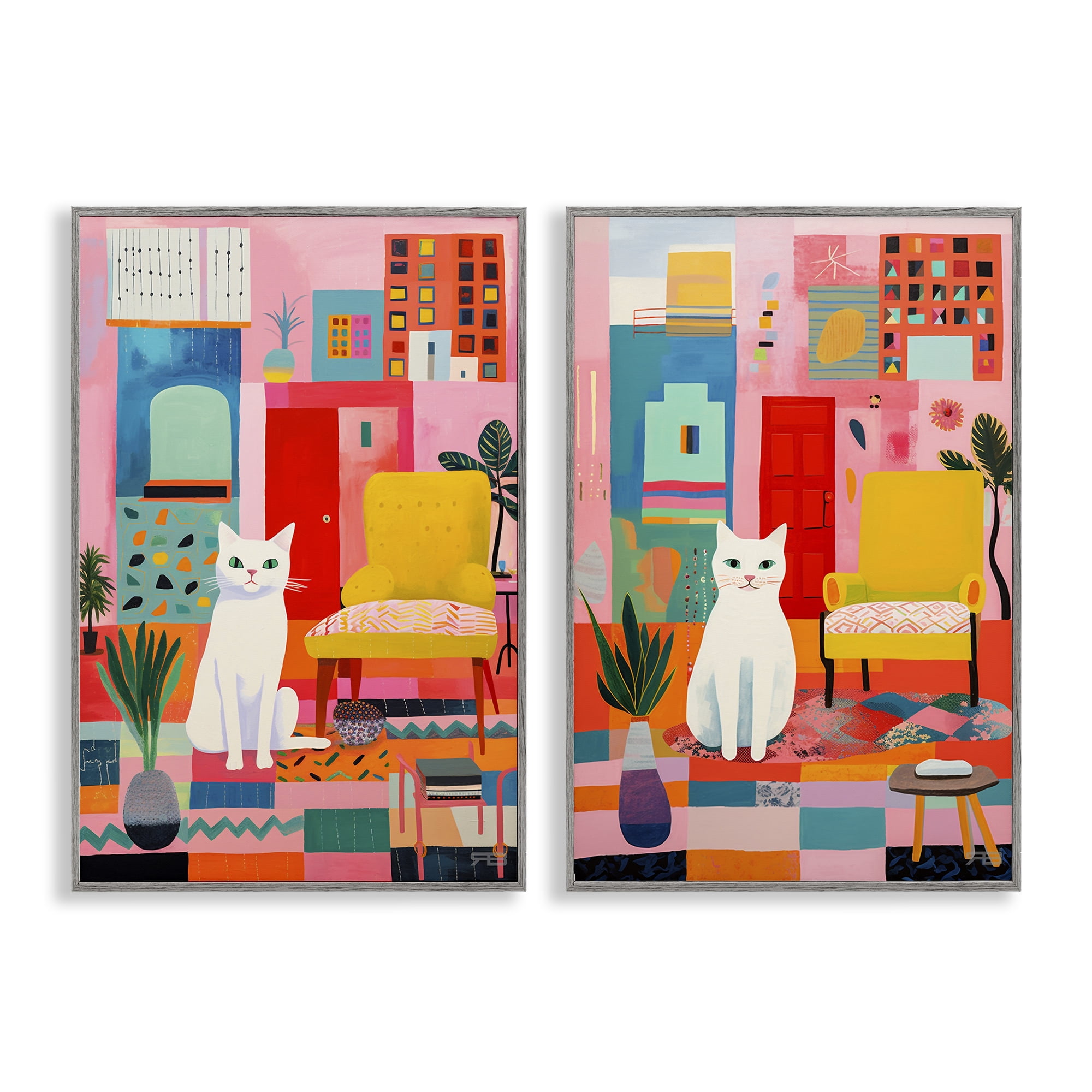 Stupell Industries Bright Room Sitting Cat Furniture Painting Gray Framed Art Print Wall Art, 16 x 24, Set of 2