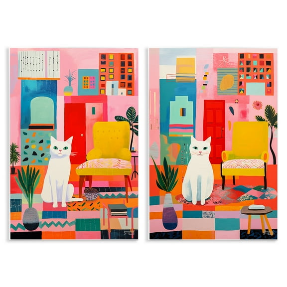 Stupell Industries Bright Room Sitting Cat Furniture Painting Unframed Art Print Wall Art, 10 x 15, Set of 2