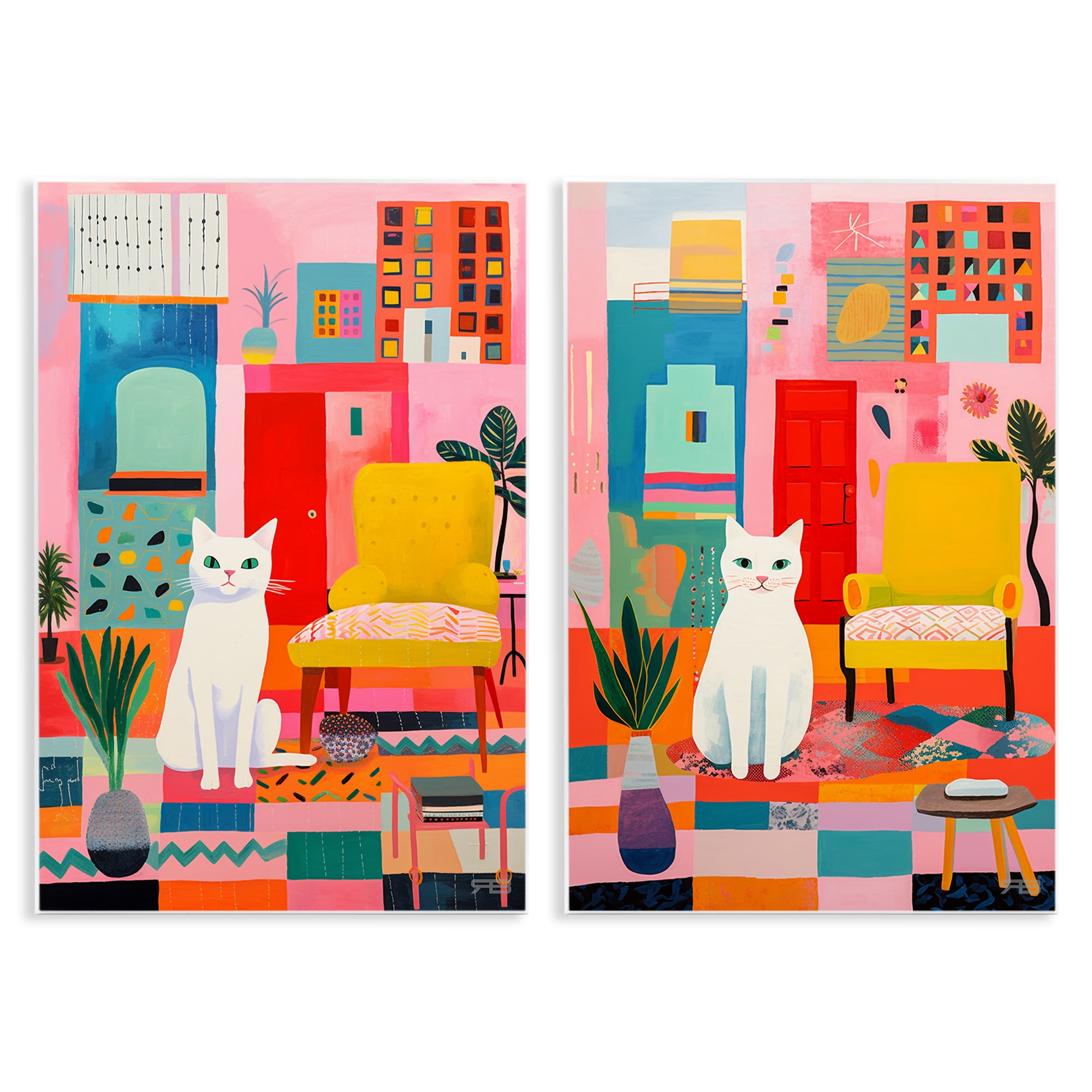 Stupell Industries Bright Room Sitting Cat Furniture Painting Unframed Art Print Wall Art, 13 x 19, Set of 2