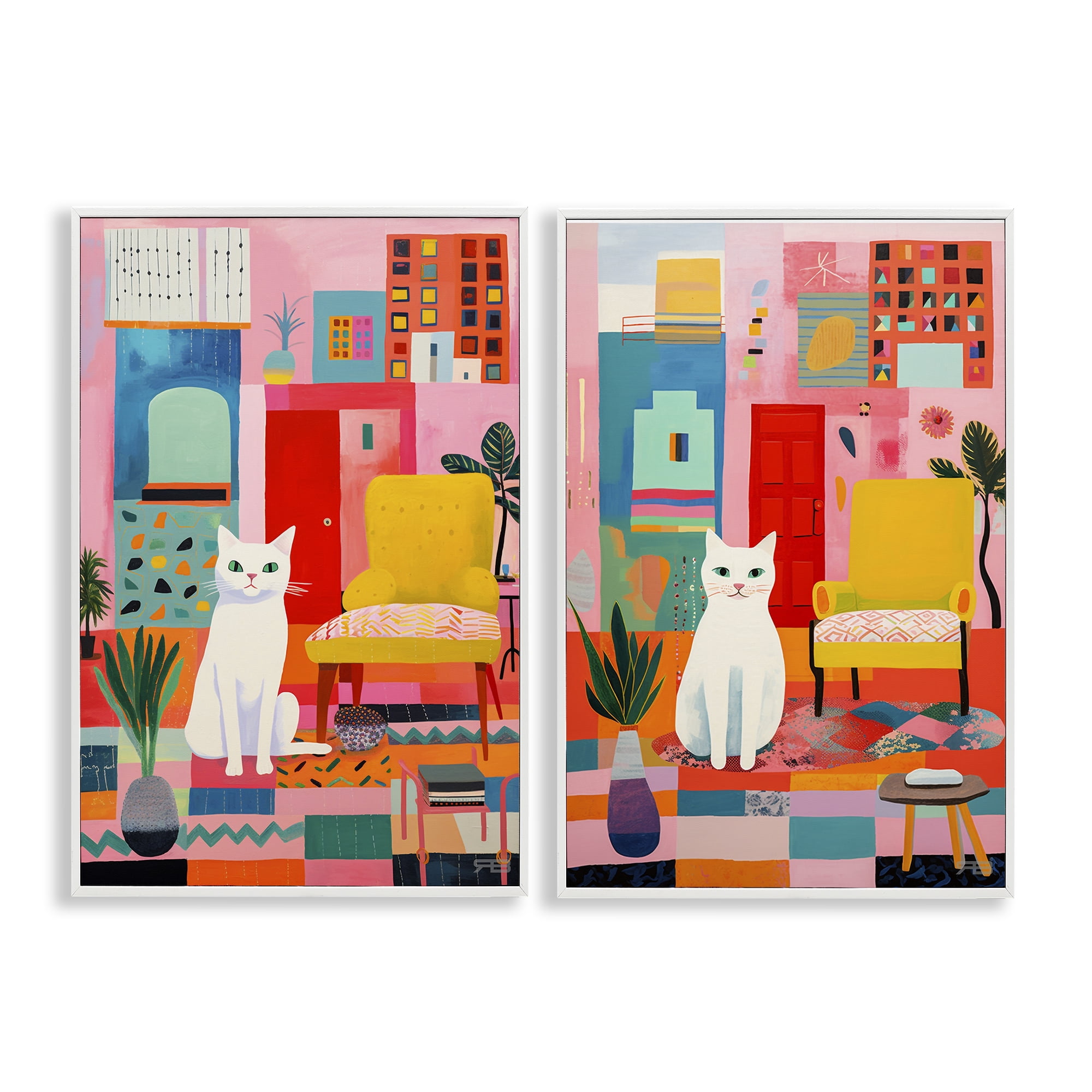 Stupell Industries Bright Room Sitting Cat Furniture Painting White Framed Art Print Wall Art, 16 x 24, Set of 2