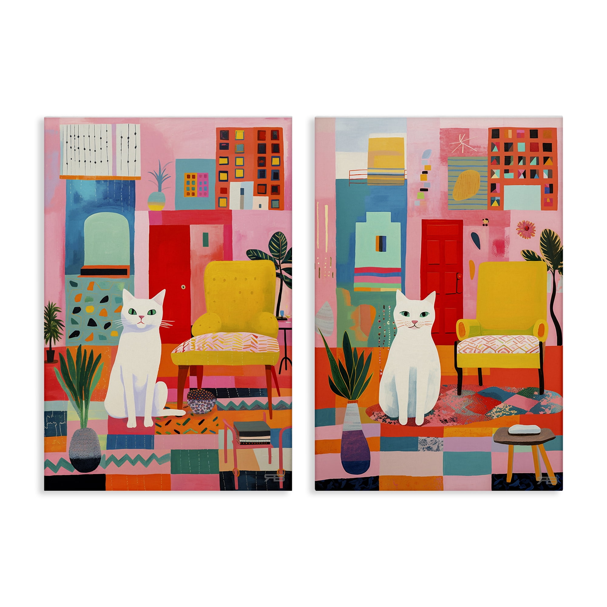 Stupell Industries Bright Room Sitting Cat Furniture Painting Wrapped Canvas Art Print Wall Art, 16 x 24, Set of 2