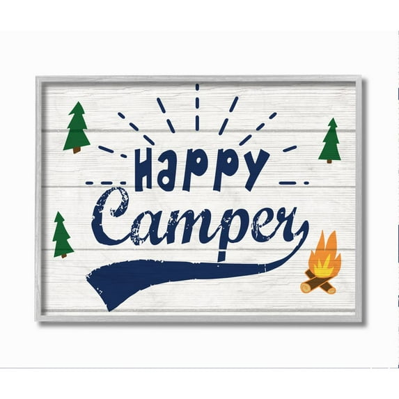 Stupell Industries Bright Rustic Sign Happy Camper Phrase Nature Activities Framed Wall Art Design by Daphne Polselli, 11" x 14", Gray Framed