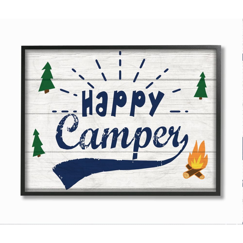 Stupell Industries Bright Rustic Sign Happy Camper Phrase Nature Activities Framed Wall Art Design by Daphne Polselli, 24" x 30", Black Framed