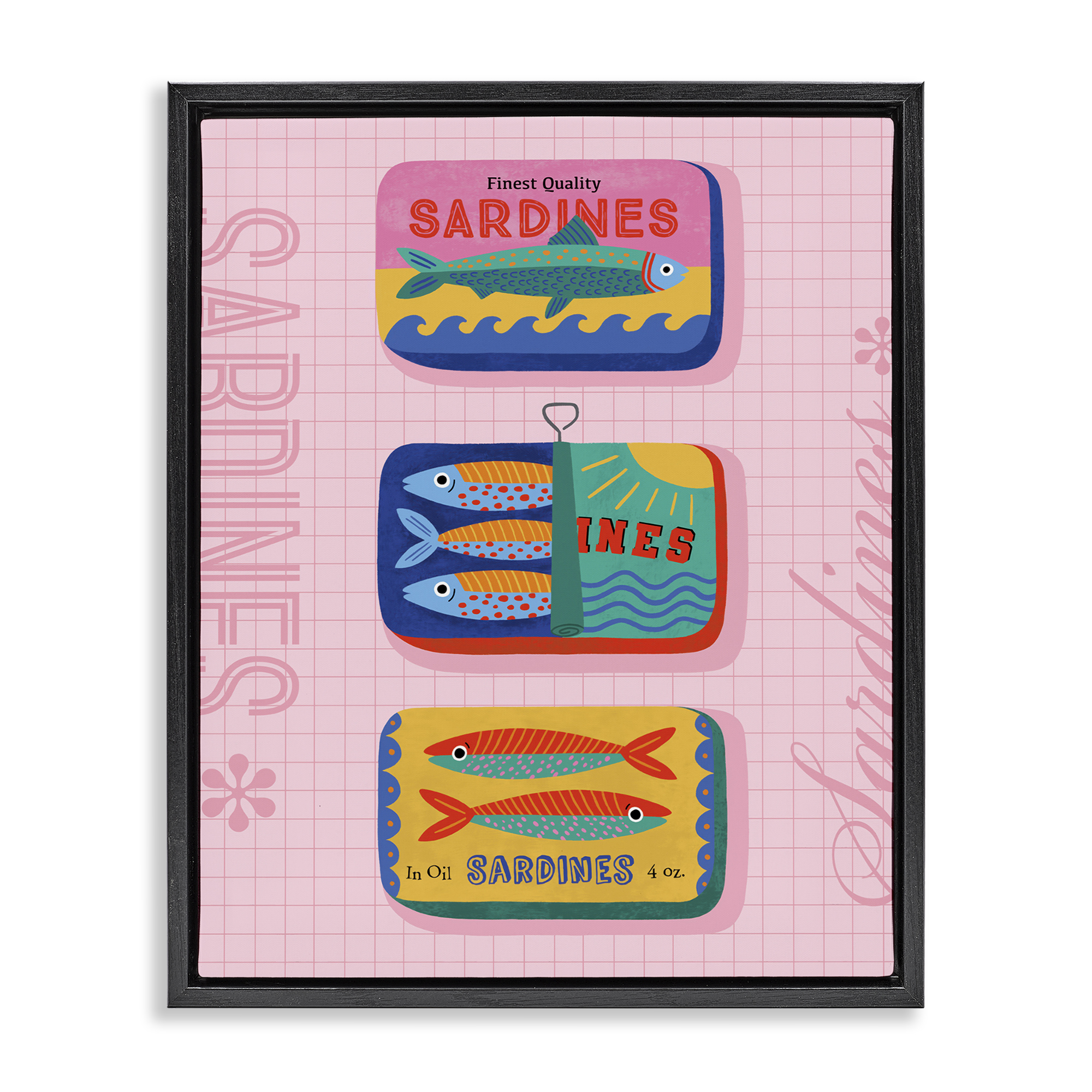 Stupell Industries Bright Sardine Can Designs Food & Beverage Painting Black Floater Framed Canvas Art Print Wall Art, 17 x 21
