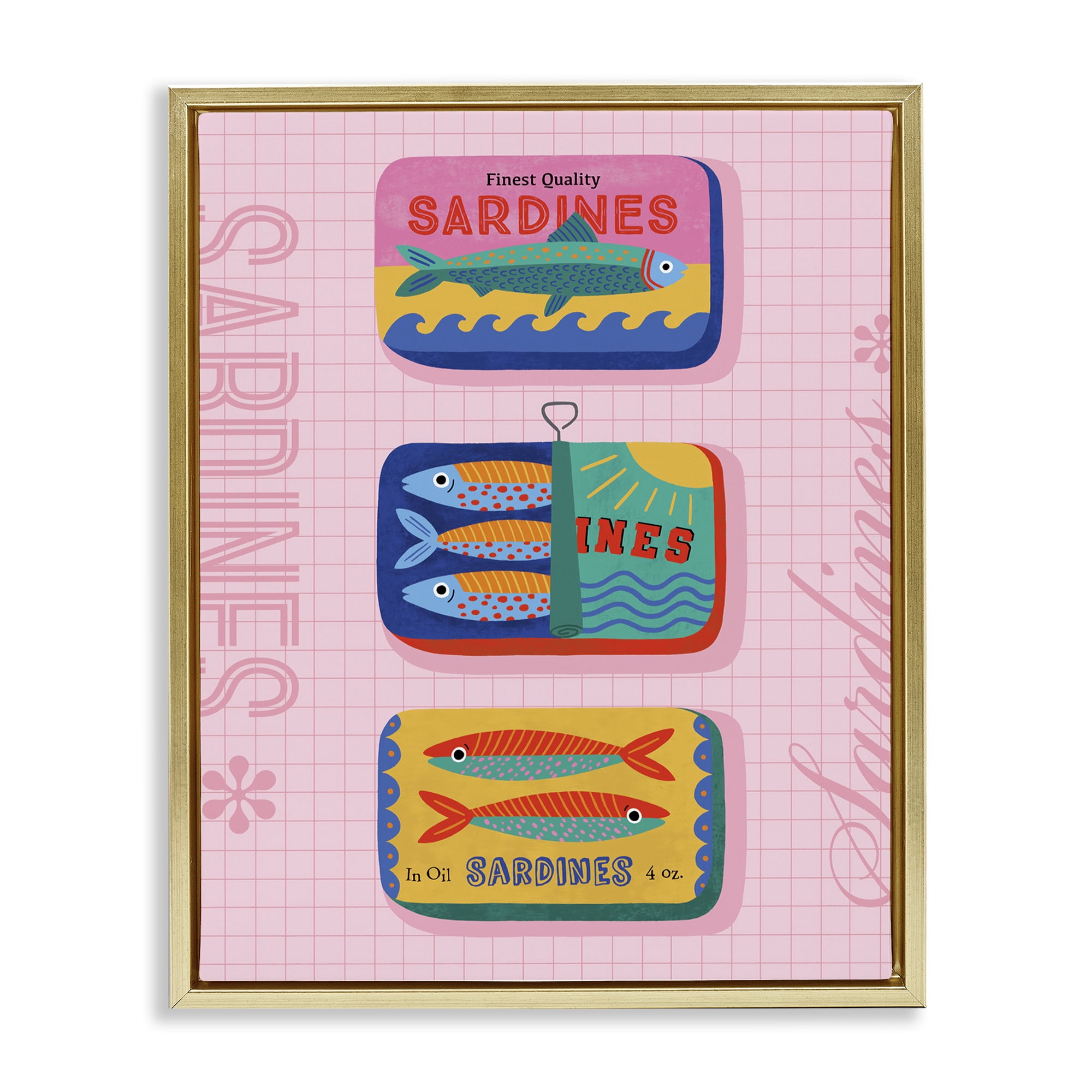 Stupell Industries Bright Sardine Can Designs Food & Beverage Painting Gold Floater Framed Canvas Art Print Wall Art, 17 x 21