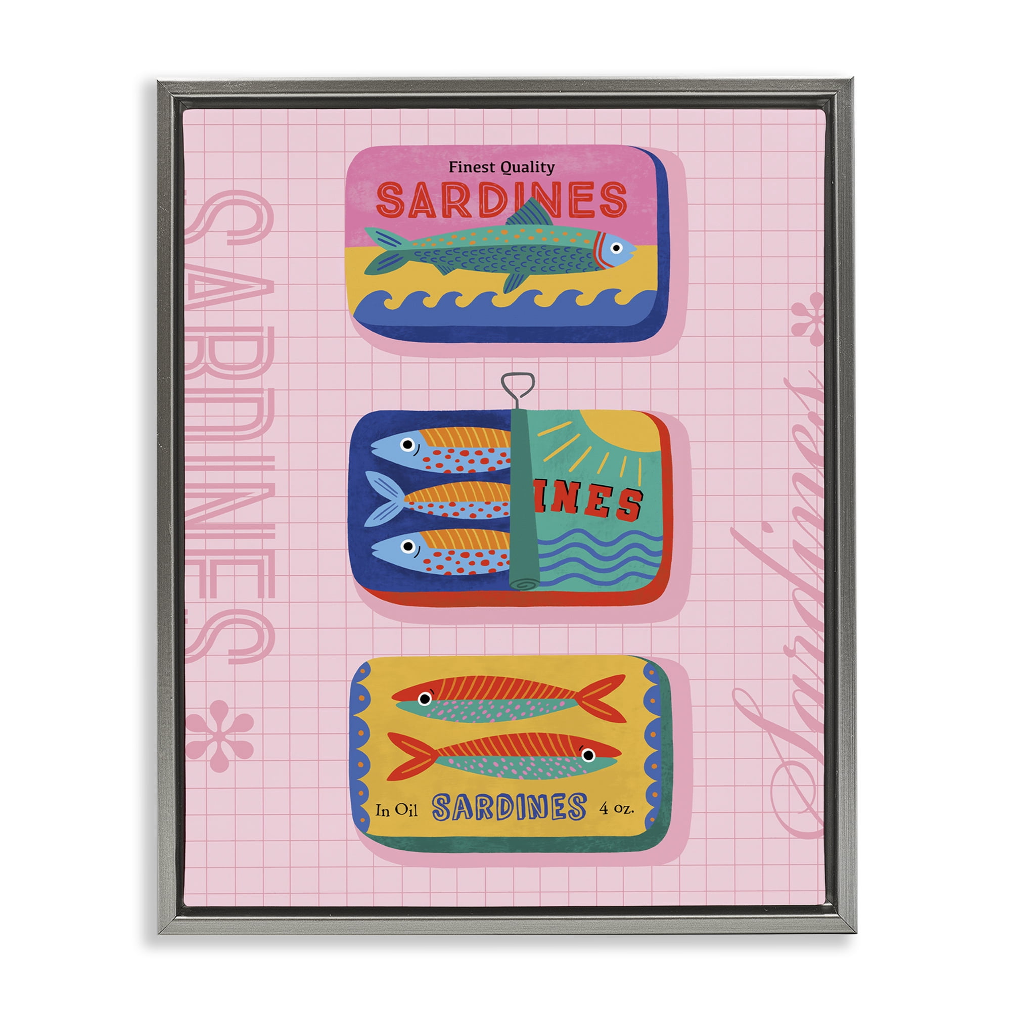 Stupell Industries Bright Sardine Can Designs Food & Beverage Painting Gray Floater Framed Canvas Art Print Wall Art, 17 x 21