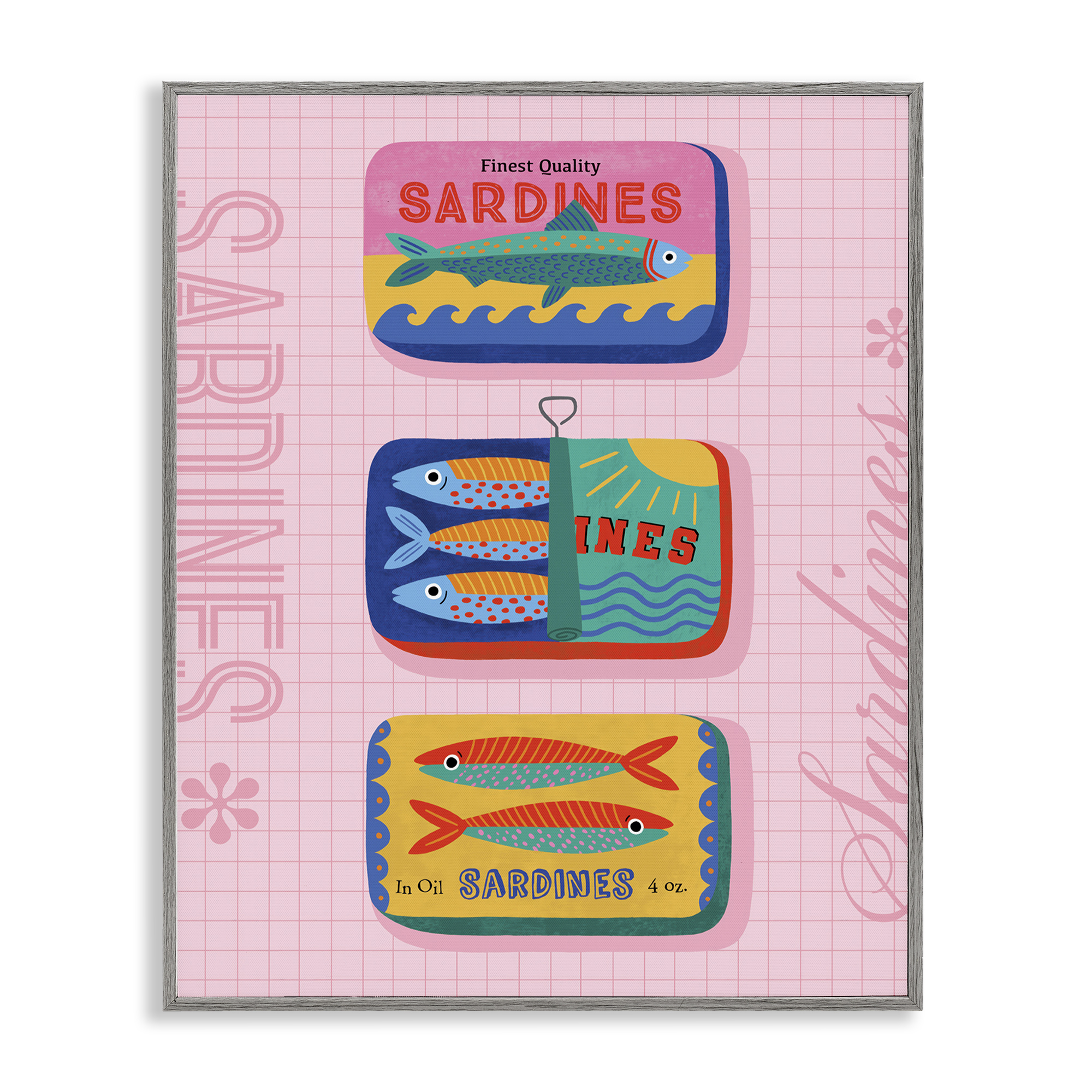 Stupell Industries Bright Sardine Can Designs Food & Beverage Painting Gray Framed Art Print Wall Art, 24 x 30