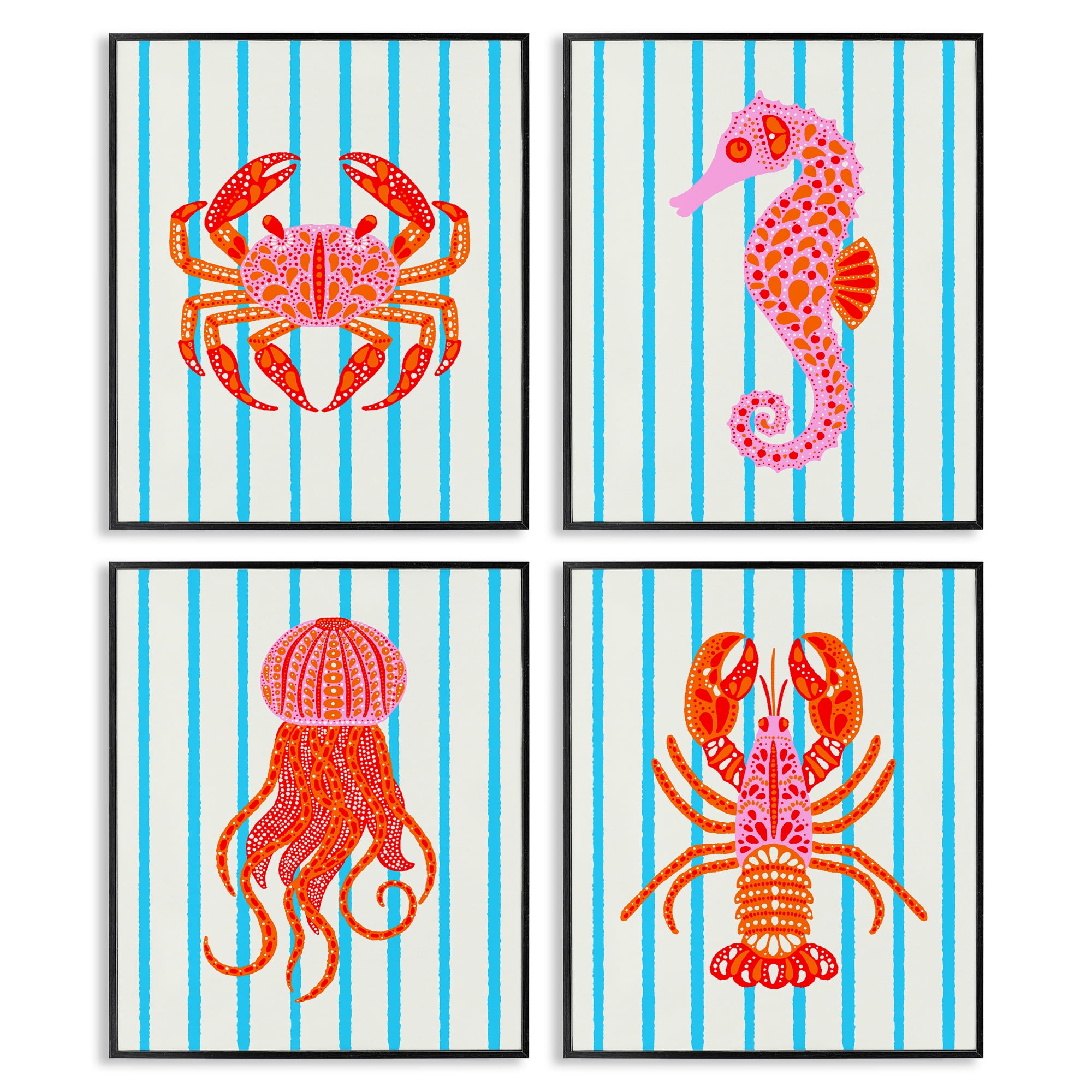 Stupell Industries Bright Sea Creatures on Stripes 4 Piece Black Framed Giclee Art Set, design by Indira Prieto | IndySign