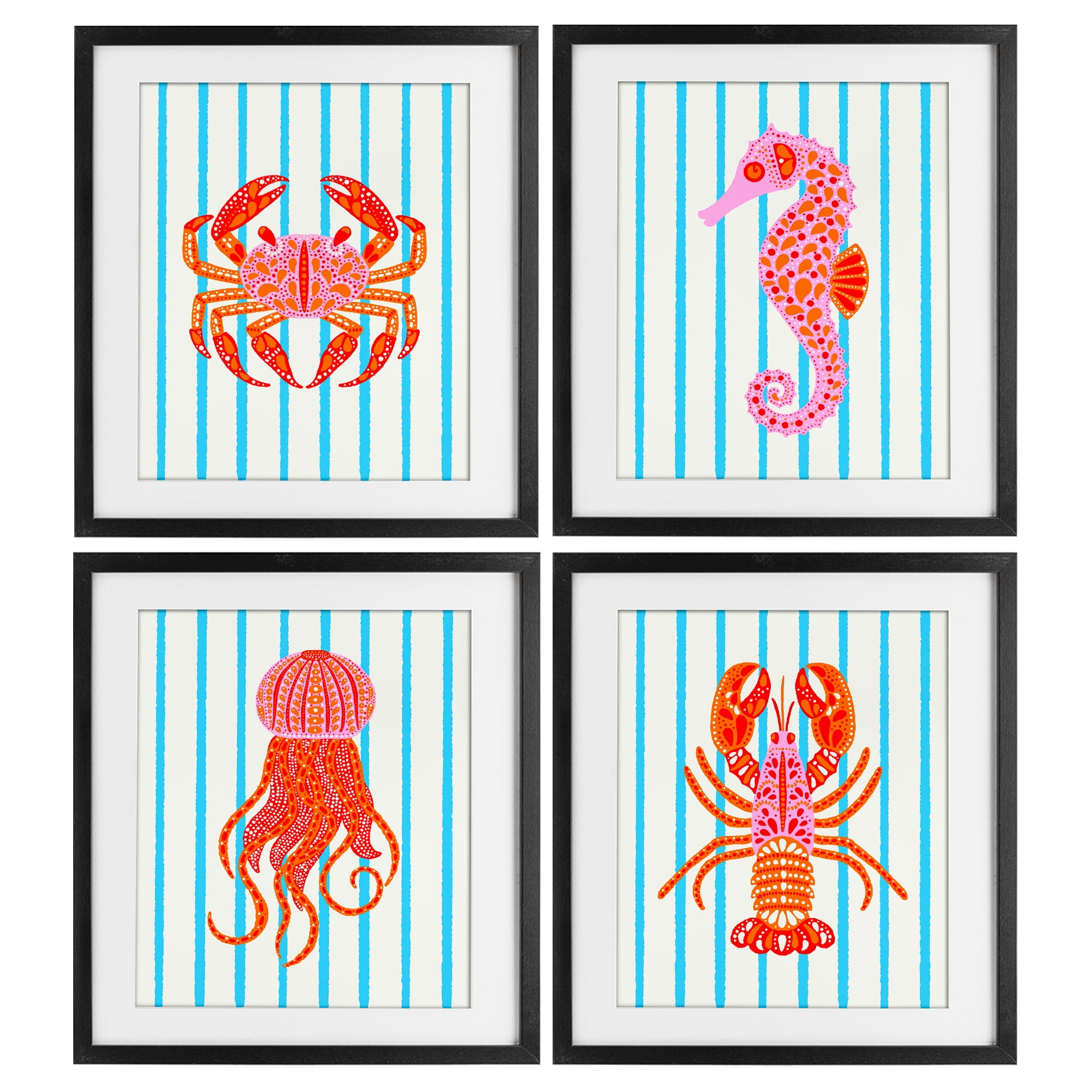 Stupell Industries Bright Sea Creatures on Stripes 4 Piece Black Framed Print Under Glass Set, design by Indira Prieto | IndySign