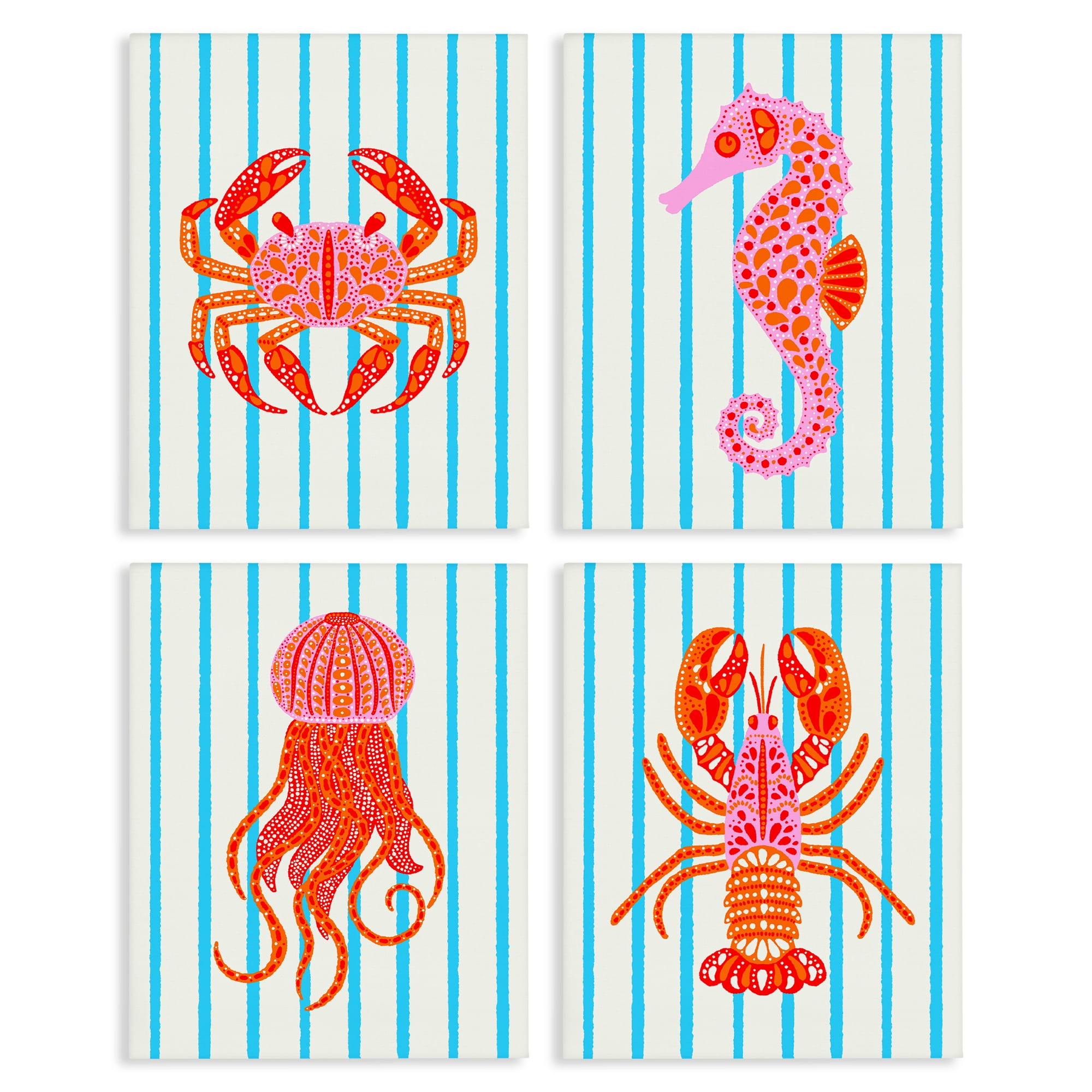 Stupell Industries Bright Sea Creatures on Stripes 4 Piece Canvas Wall Art Set, design by Indira Prieto | IndySign