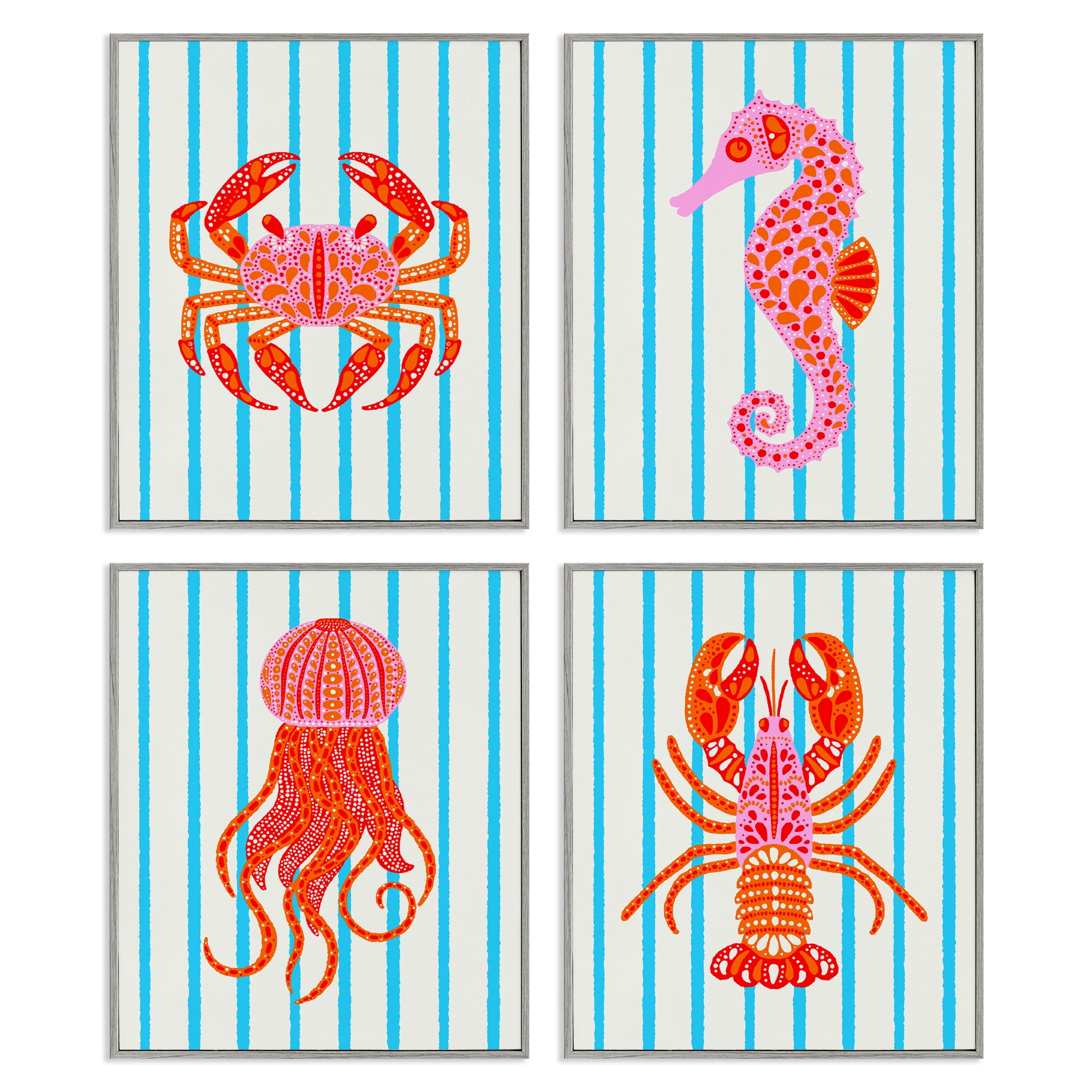 Stupell Industries Bright Sea Creatures on Stripes 4 Piece Gray Framed Giclee Art Set, design by Indira Prieto | IndySign