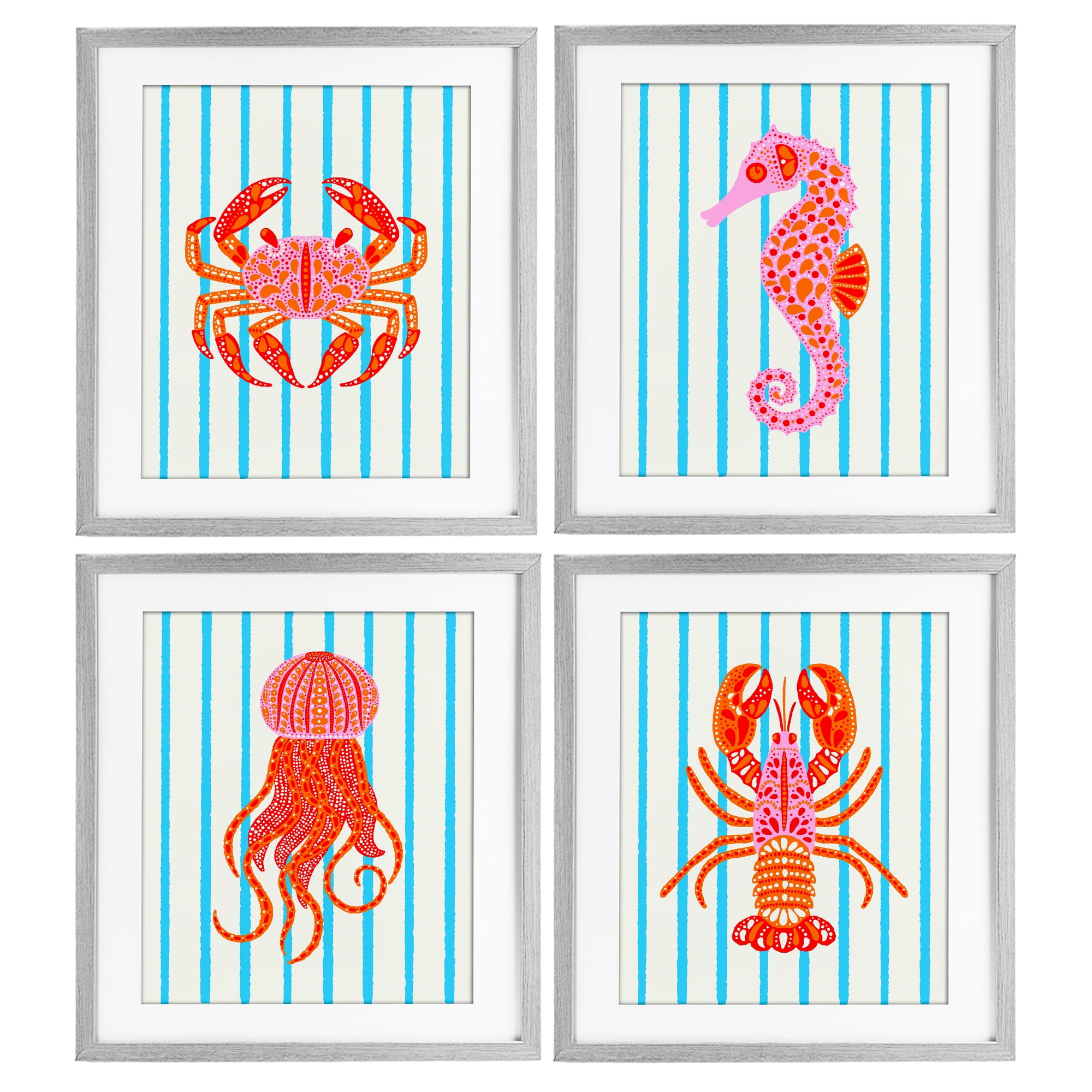 Stupell Industries Bright Sea Creatures on Stripes 4 Piece Gray Framed Print Under Glass Set, design by Indira Prieto | IndySign