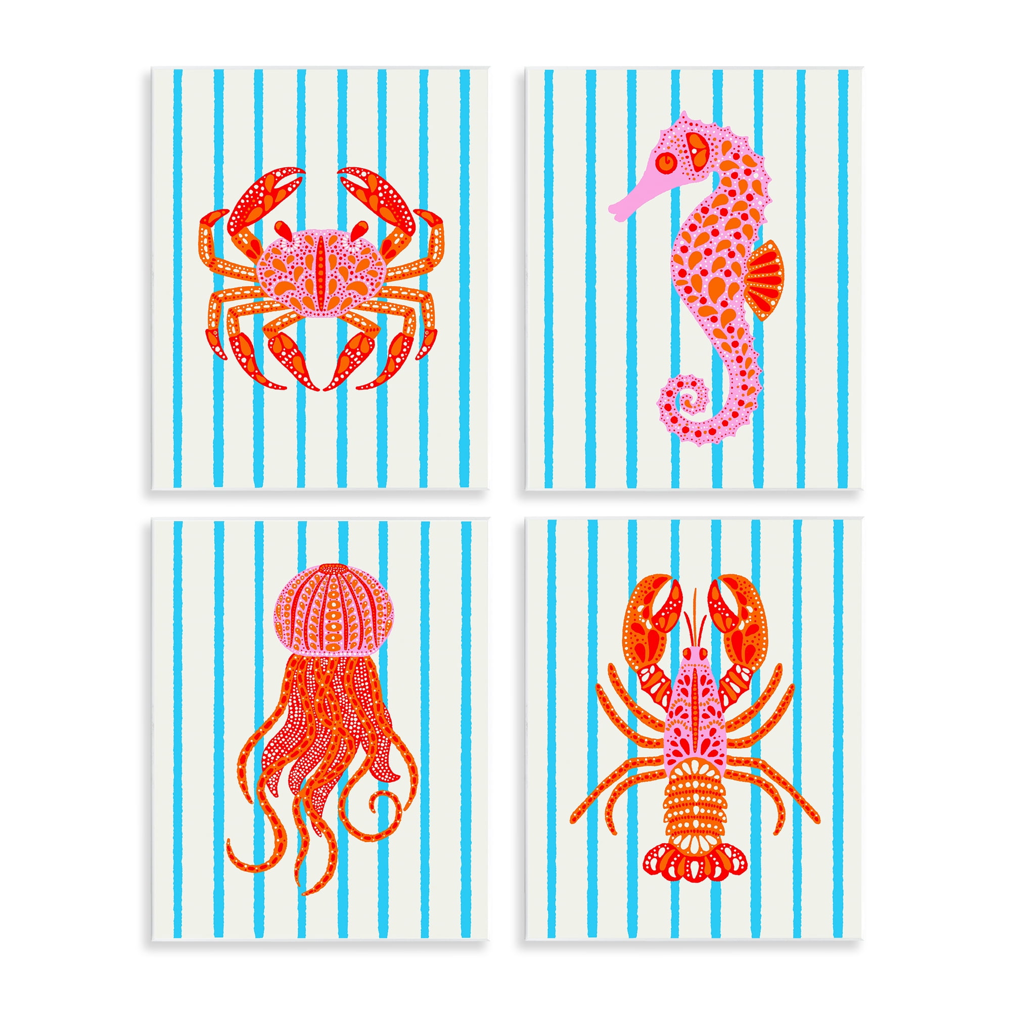 Stupell Industries Bright Sea Creatures on Stripes 4 Piece Wall Plaque Art Set, design by Indira Prieto | IndySign