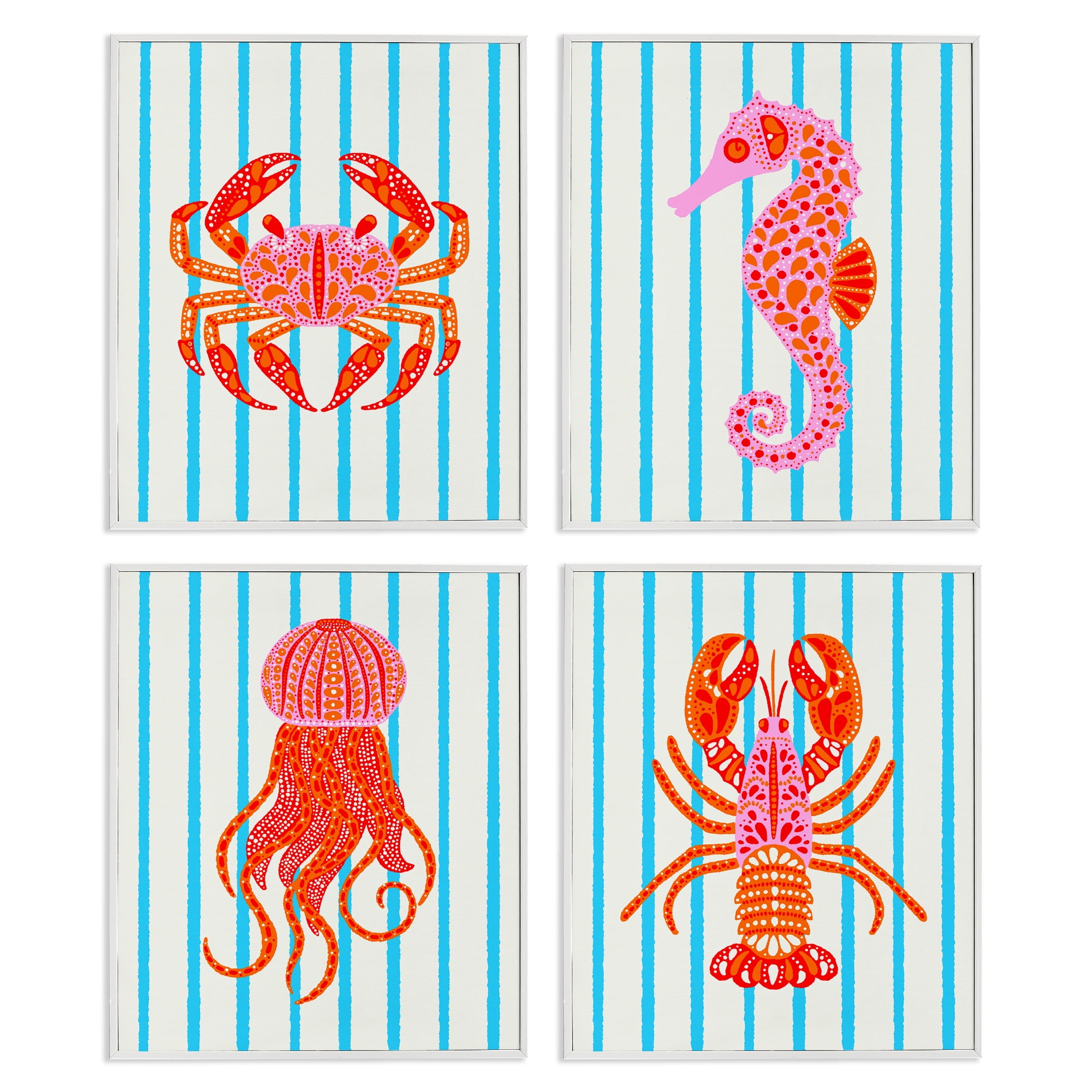 Stupell Industries Bright Sea Creatures on Stripes 4 Piece White Framed Giclee Art Set, design by Indira Prieto | IndySign