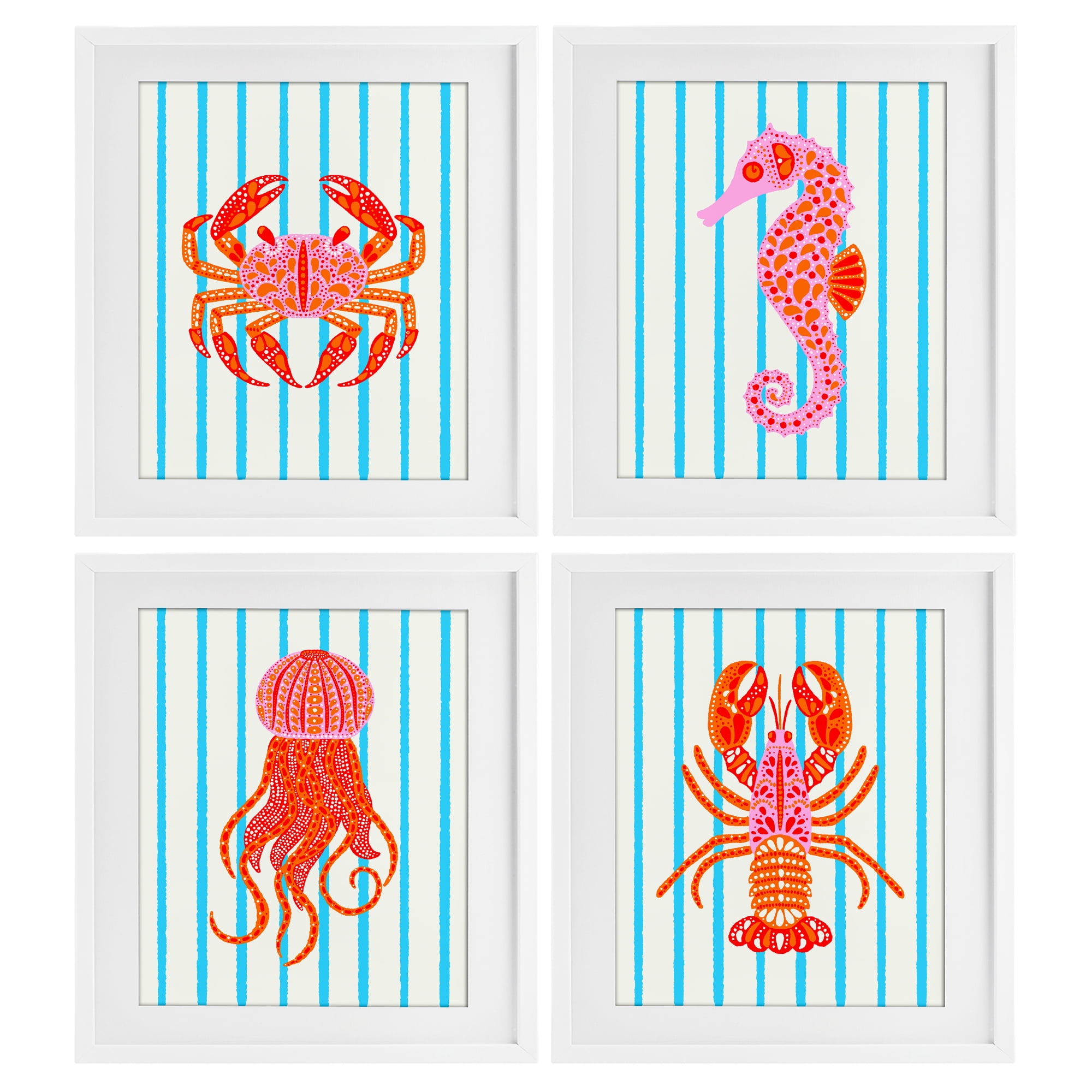Stupell Industries Bright Sea Creatures on Stripes 4 Piece White Framed Print Under Glass Set, design by Indira Prieto | IndySign