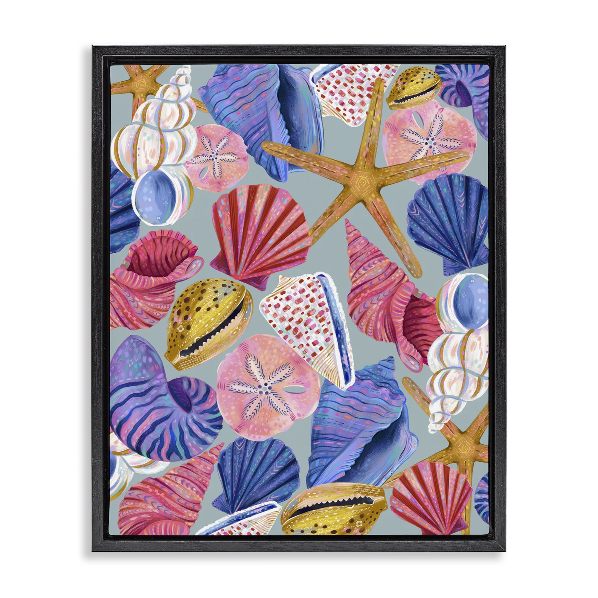 Stupell Industries Bright Seashells Assortment Nautical & Beach Painting Black Floater Framed Canvas Art Print Wall Art, 17 x 21