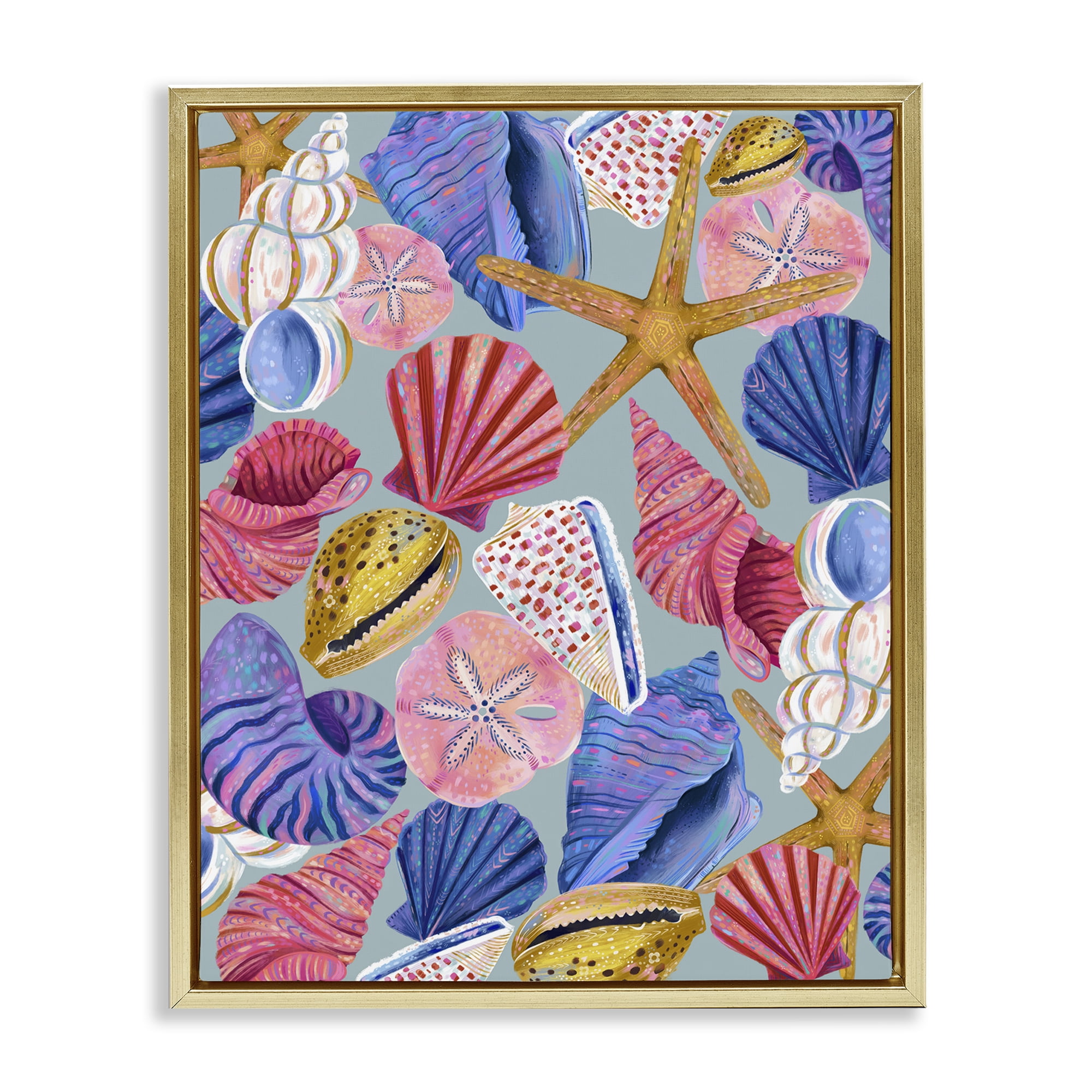 Stupell Industries Bright Seashells Assortment Nautical & Beach Painting Gold Floater Framed Canvas Art Print Wall Art, 17 x 21