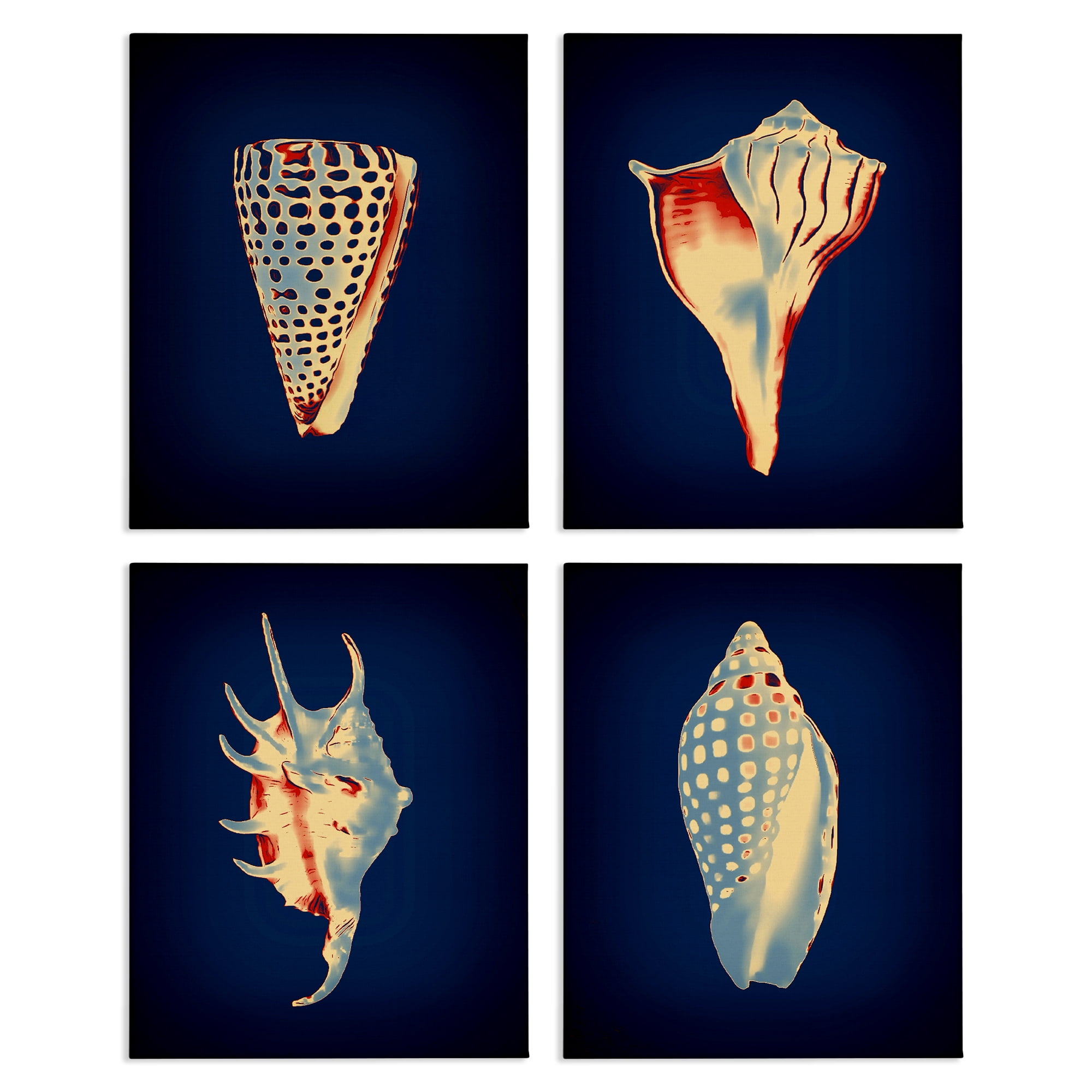Stupell Industries Bright Shells on Indigo Nautical & Beach Painting Wrapped Canvas Art Print Wall Art, 14 x 11, Set of 4
