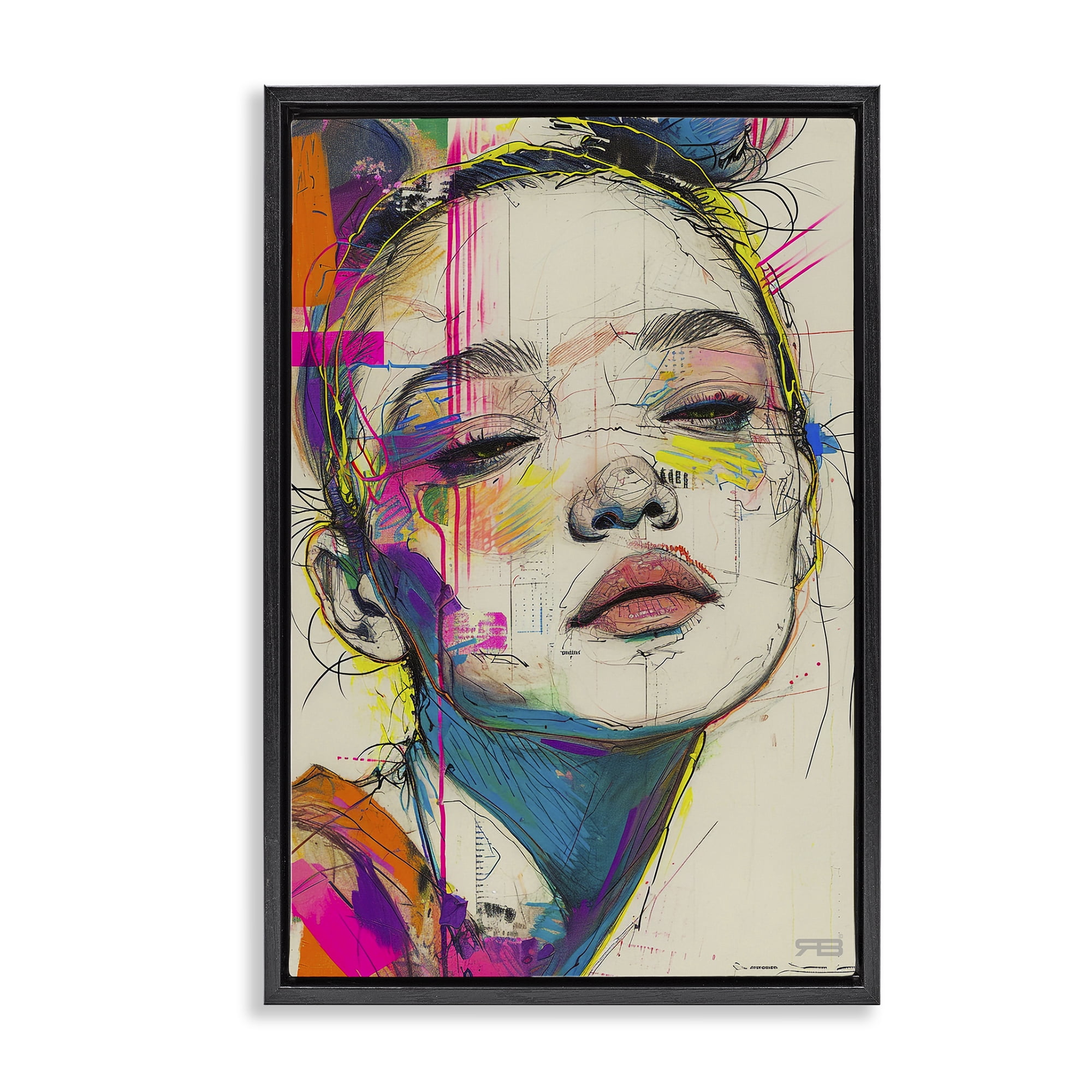 Stupell Industries Bright Sketch Visage Novelty Painting Black Floater Framed Art Print Wall Art, 21 x 31